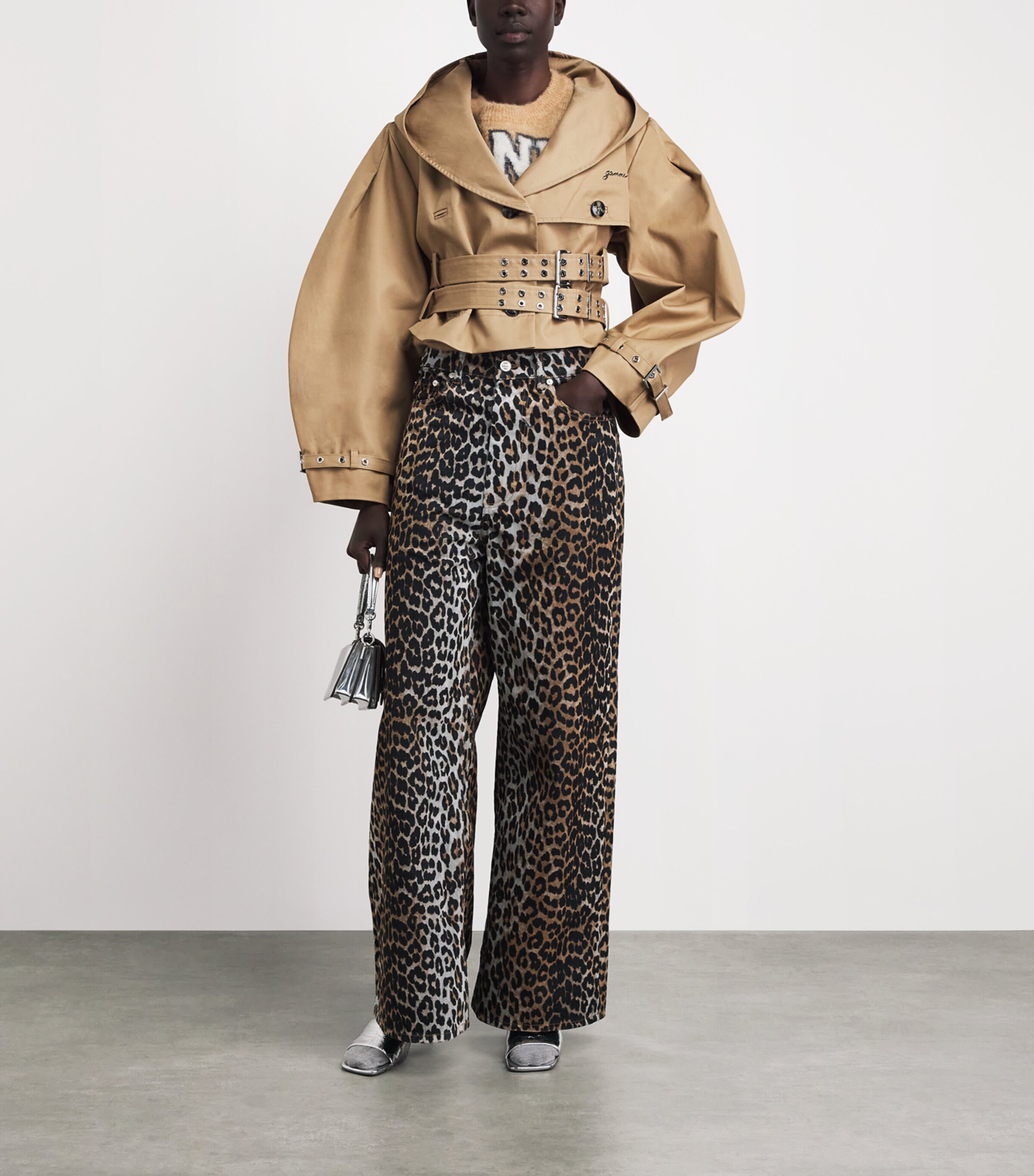 GANNI Brown Organic Cotton Cropped Trench Jacket | Harrods US