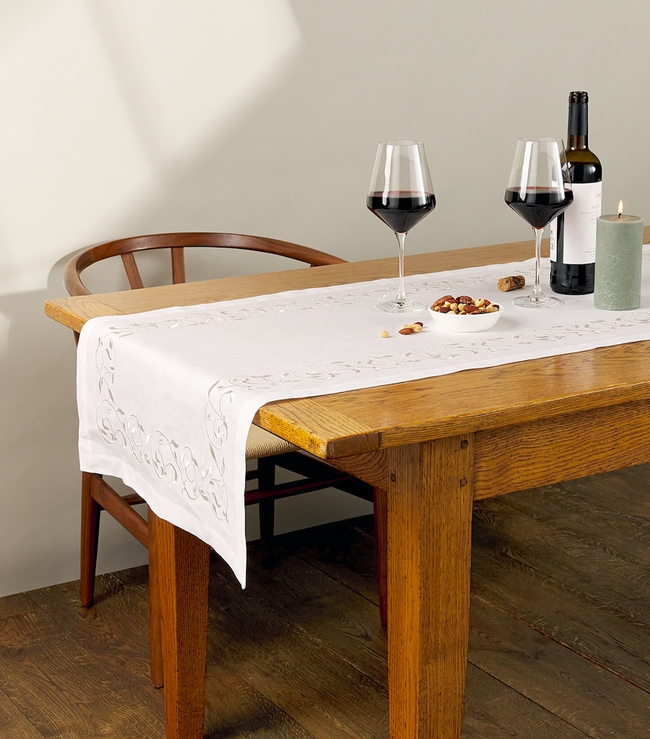 Linen Embroidered Scroll Table Runner (50cm x 210cm) WHITE/SILVER Image 2