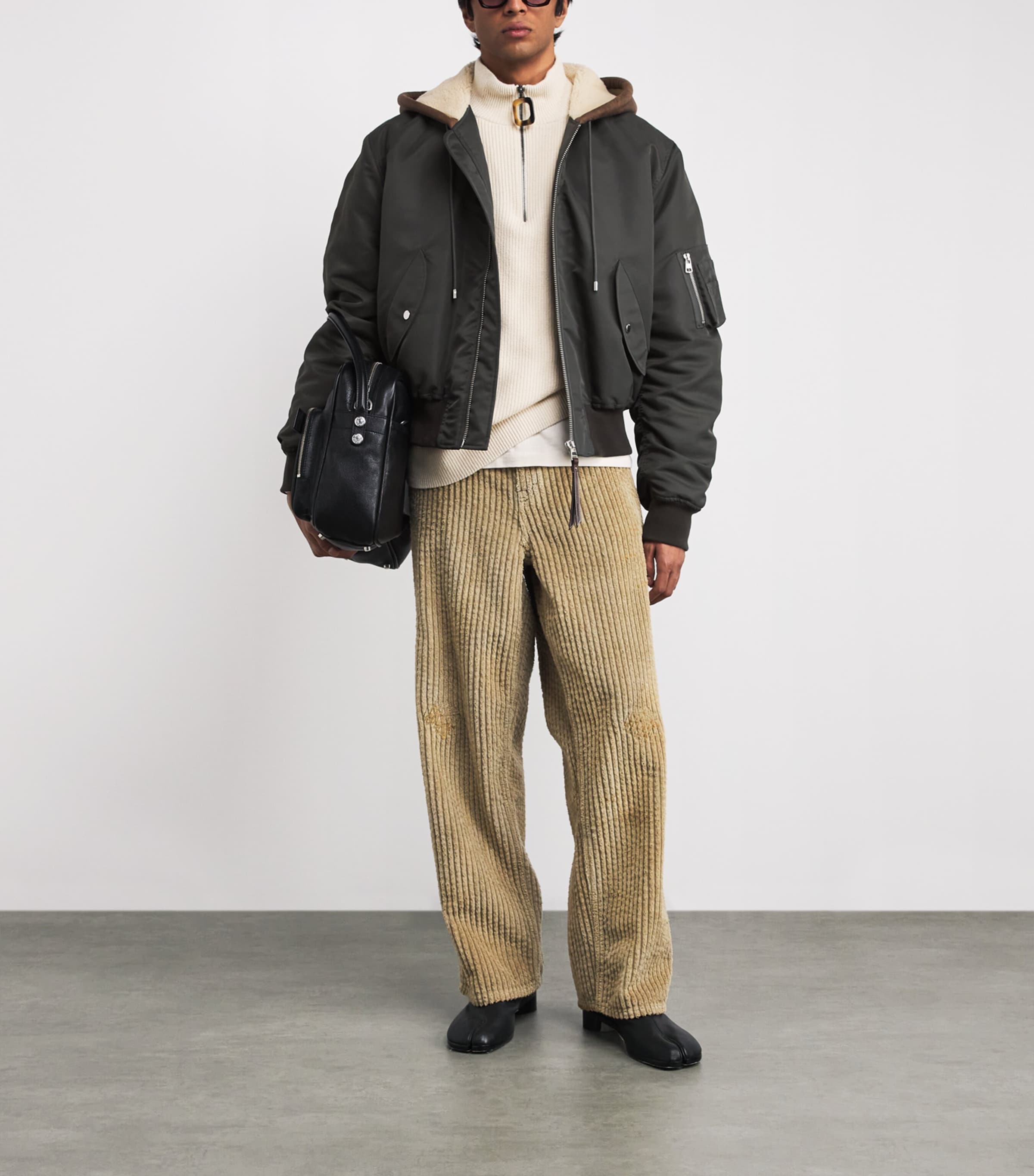 JW Anderson Mens Shearling-Hood Bomber Jacket Dark Khaki Image 2