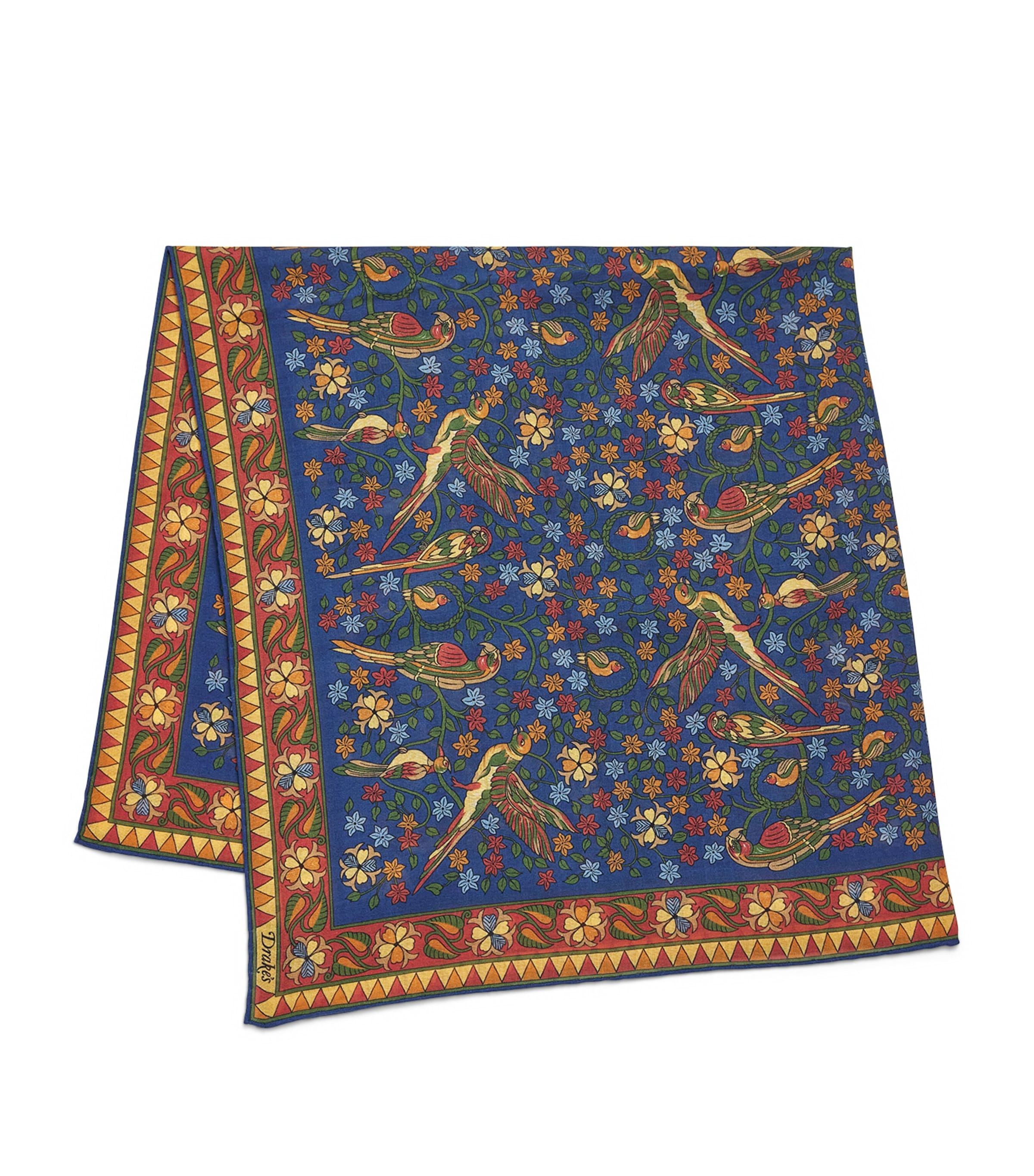 Drake's Wool-silk Parrot Print Scarf In Blue