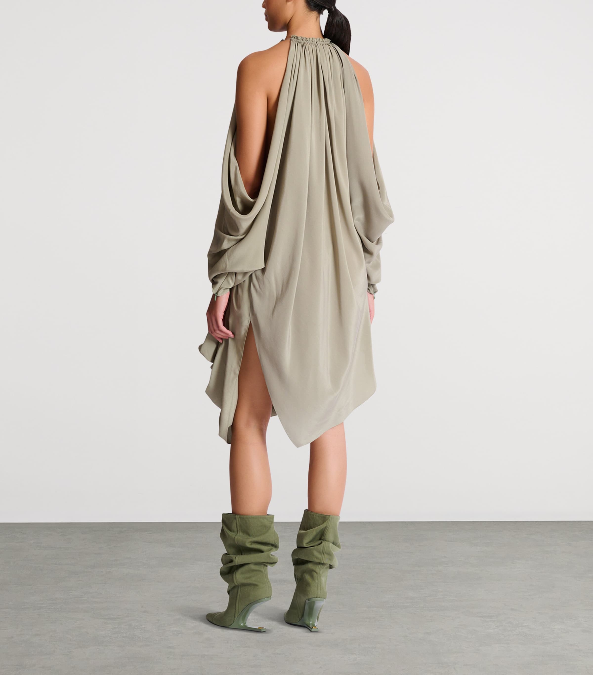 Balmain Womens Silk Crepe Draped Mini Dress Vert Laurier Image 3