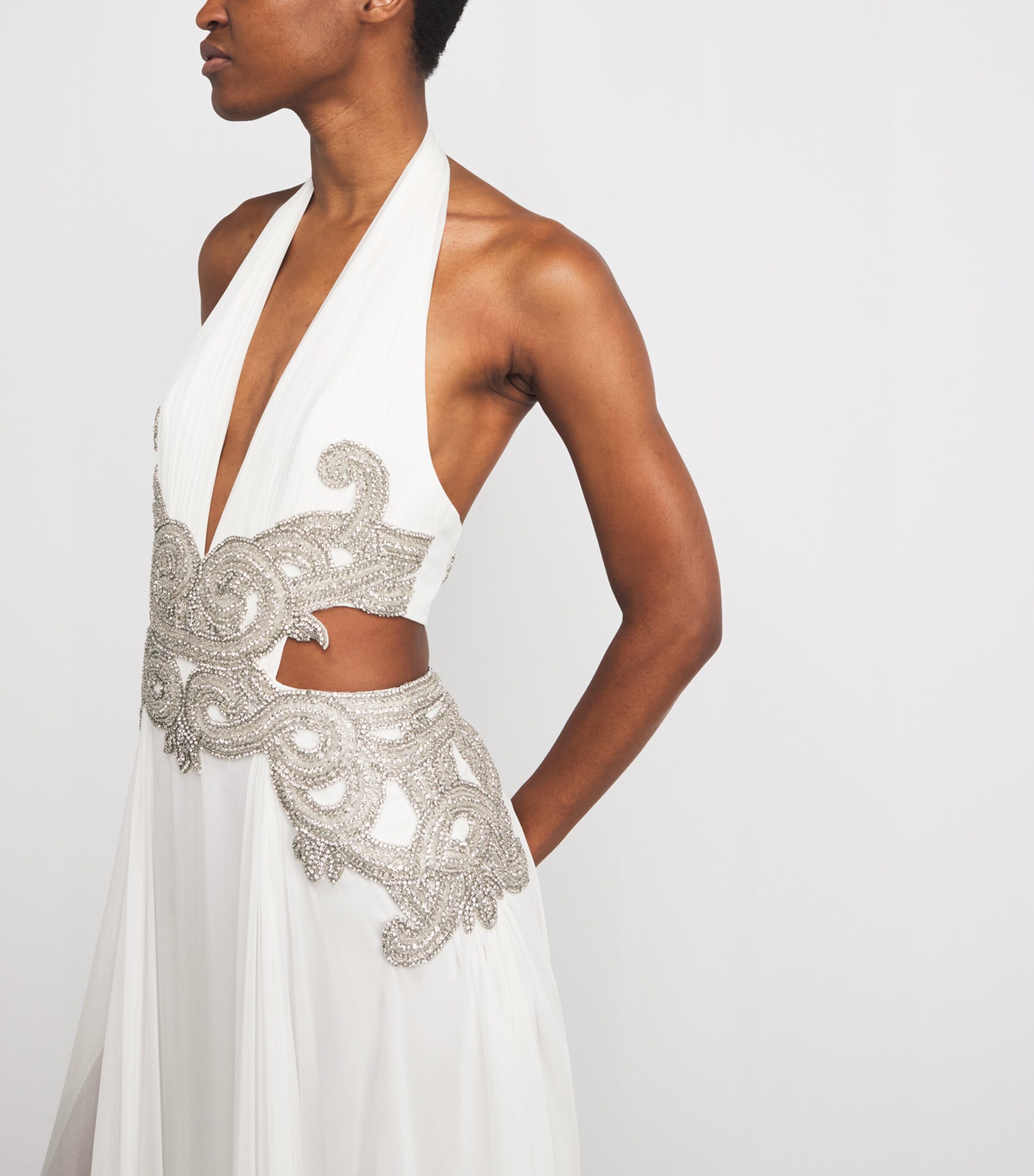 Zuhair Murad Womens Silk Chiffon Embellished Gown Wht/antq Slvr Image 6