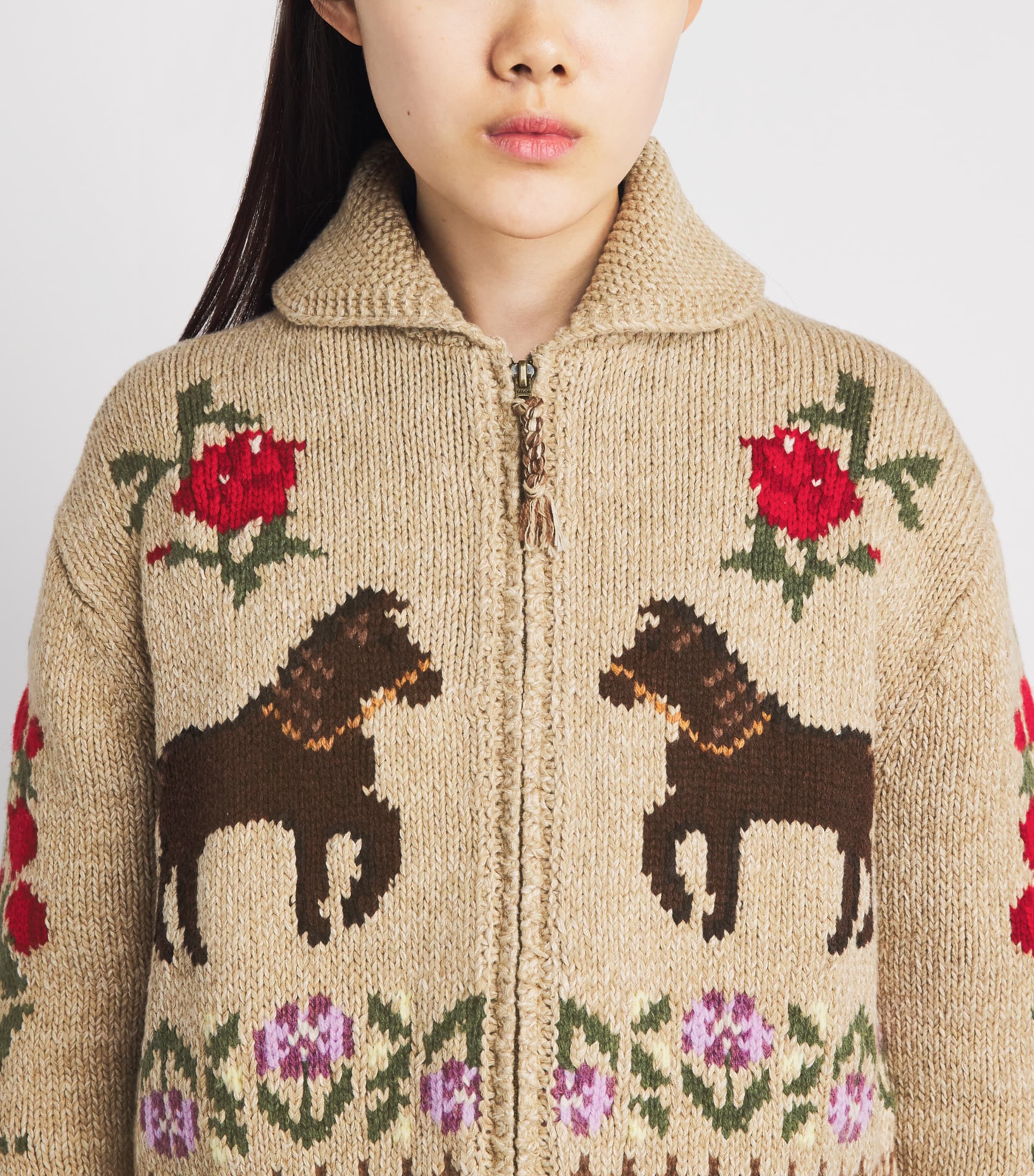 Polo Ralph Lauren Womens Cotton-Wool Horse Intarsia Zip-Up Cardigan Tan Multi Image 3