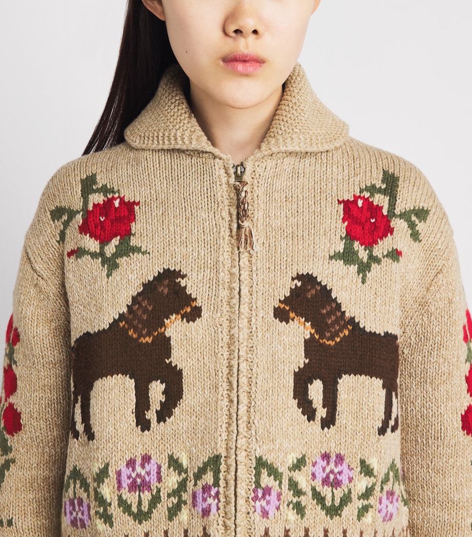 Polo Ralph Lauren Womens Cotton-Wool Horse Intarsia Zip-Up Cardigan Tan Multi Image 3