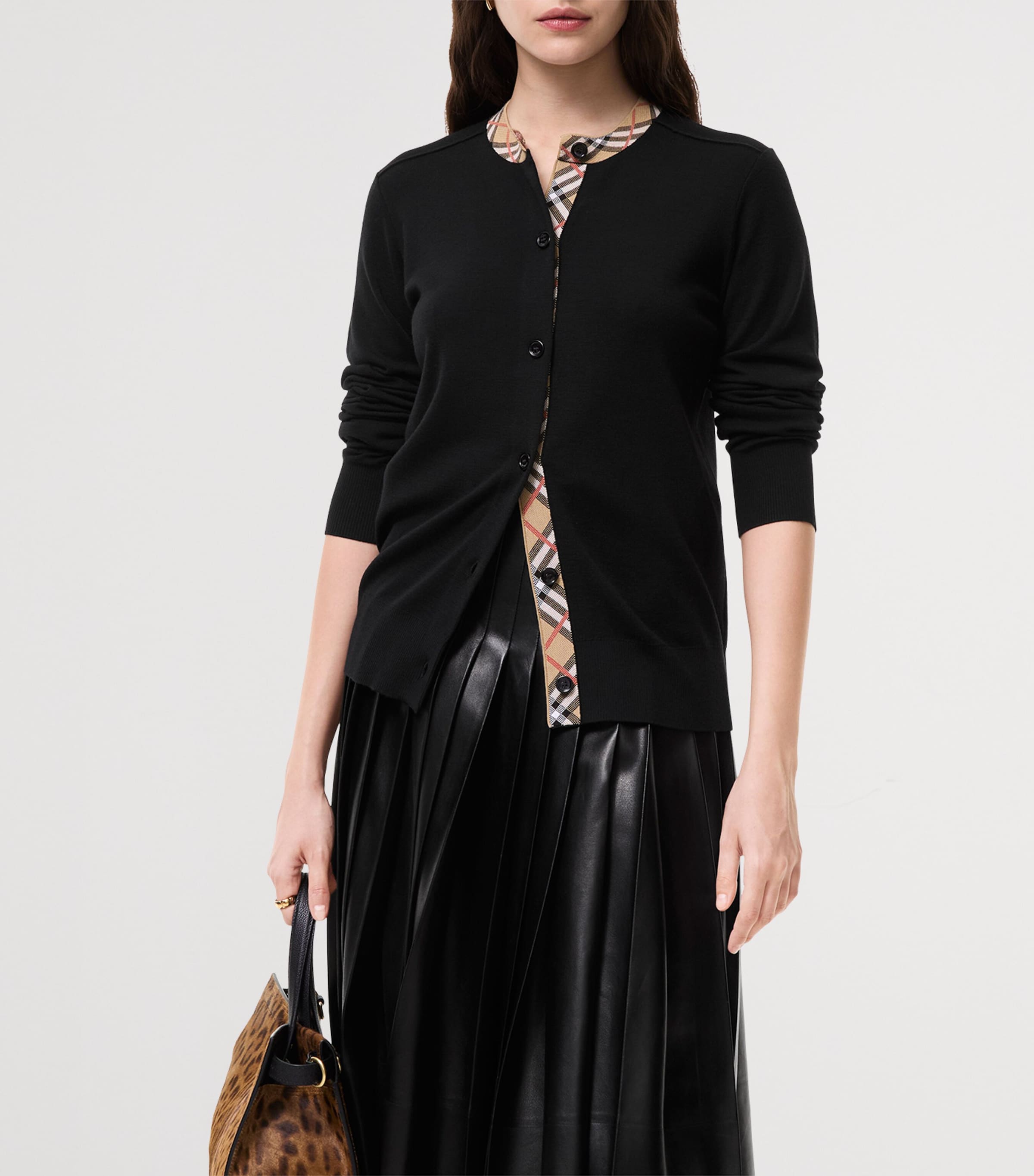 Burberry Womens Wool Check-Trim Cardigan Black Image 2