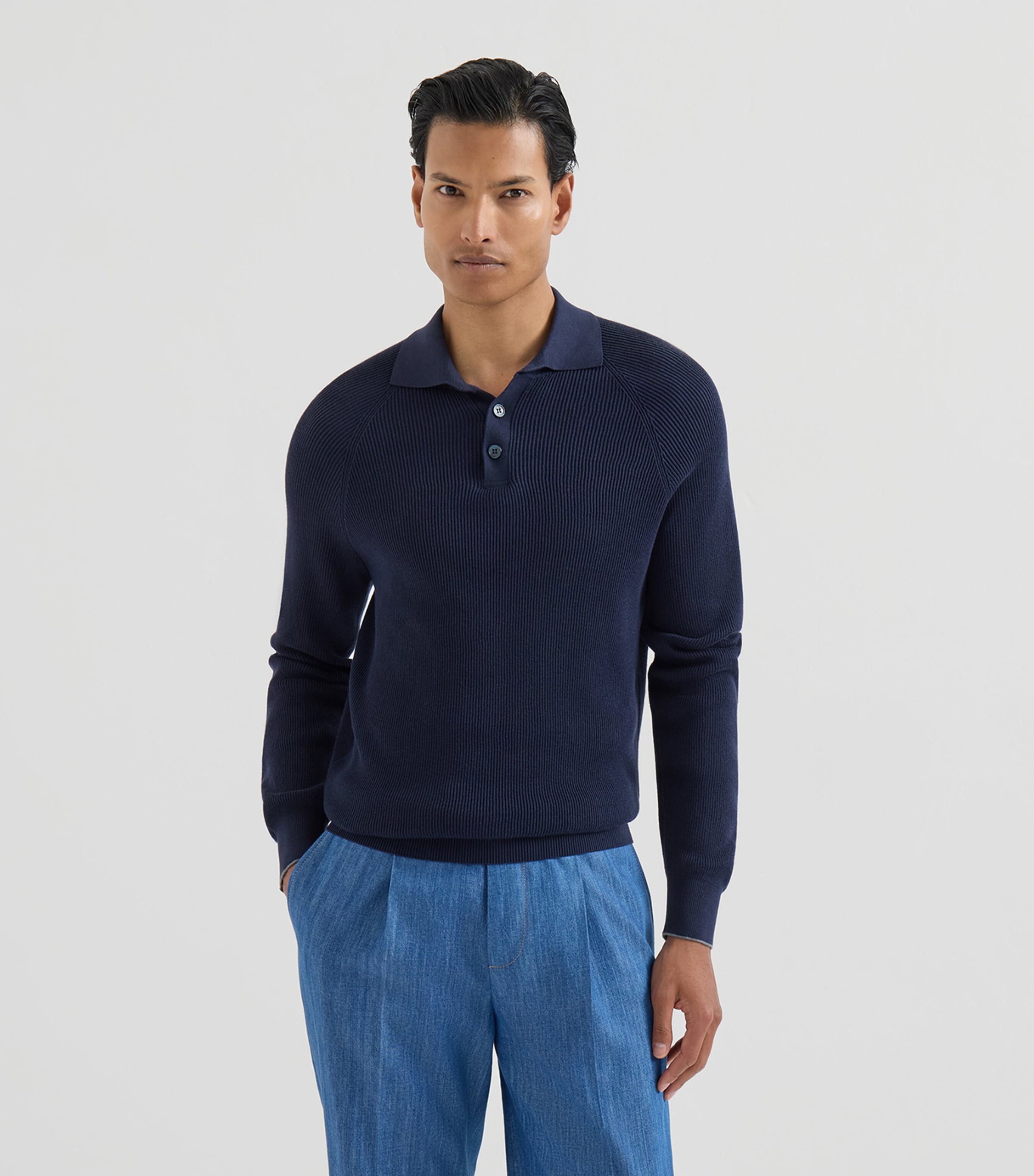 Brunello Cucinelli Mens Cotton Rib-Knit Polo Sweater Image 3
