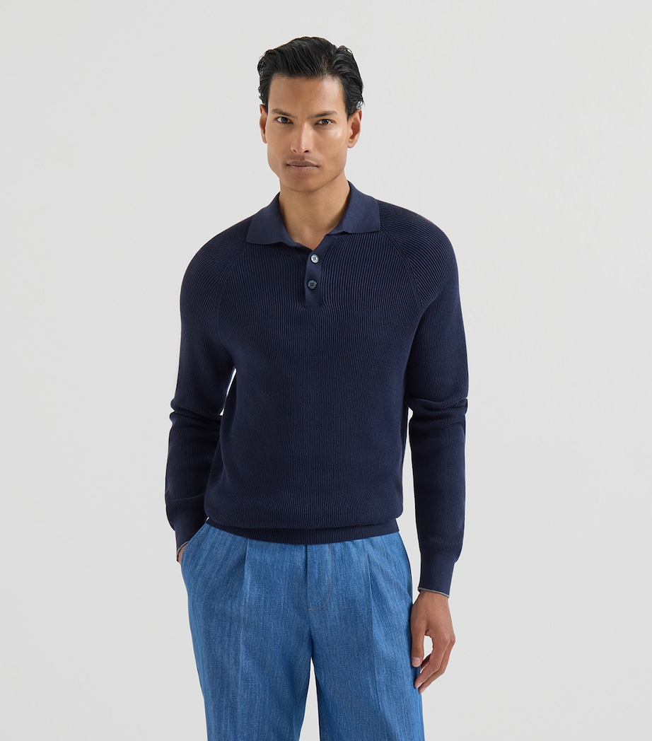 Brunello Cucinelli Mens Cotton Rib-Knit Polo Sweater Image 3