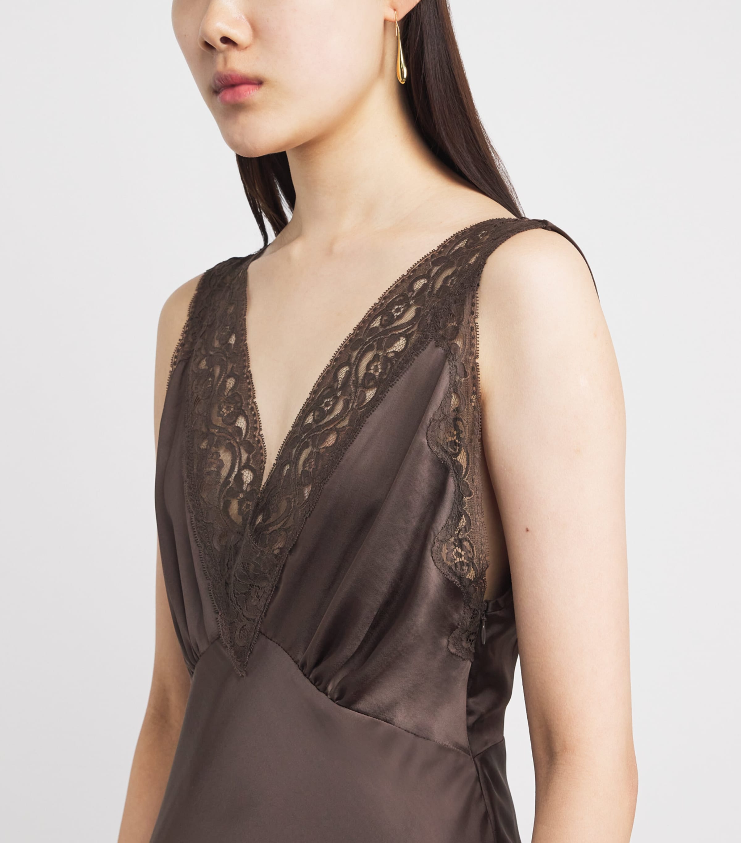 Sandro Paris Womens Satin Lace-Trim Maxi Dress Brown Image 5