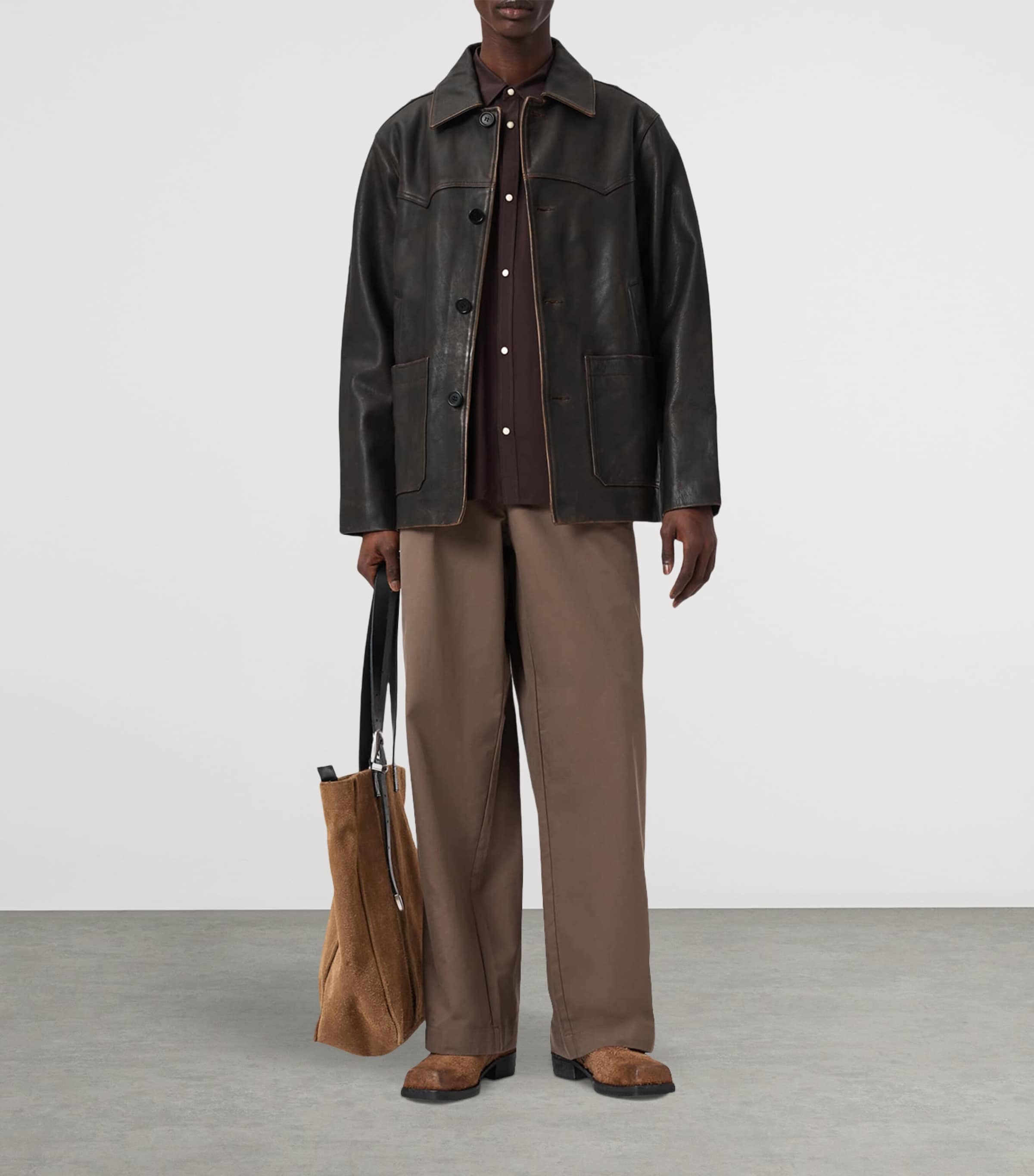 AllSaints Mens Hartwell Leather Jacket Cognac Brown Image 7