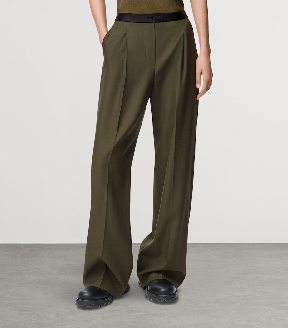 Wool Leather-Band Wide-Leg Trousers KHAKI GREEN Image 3