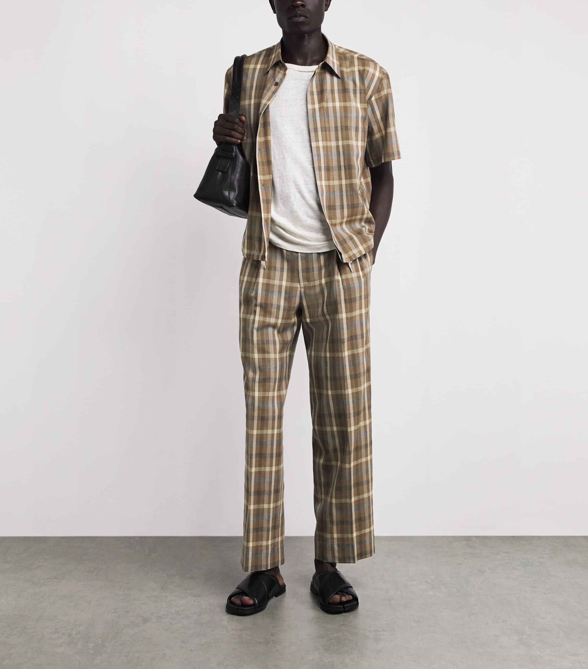 Auralee Mens Wool Check Pleated Wide-Leg Trousers Top Brown Check Image 2