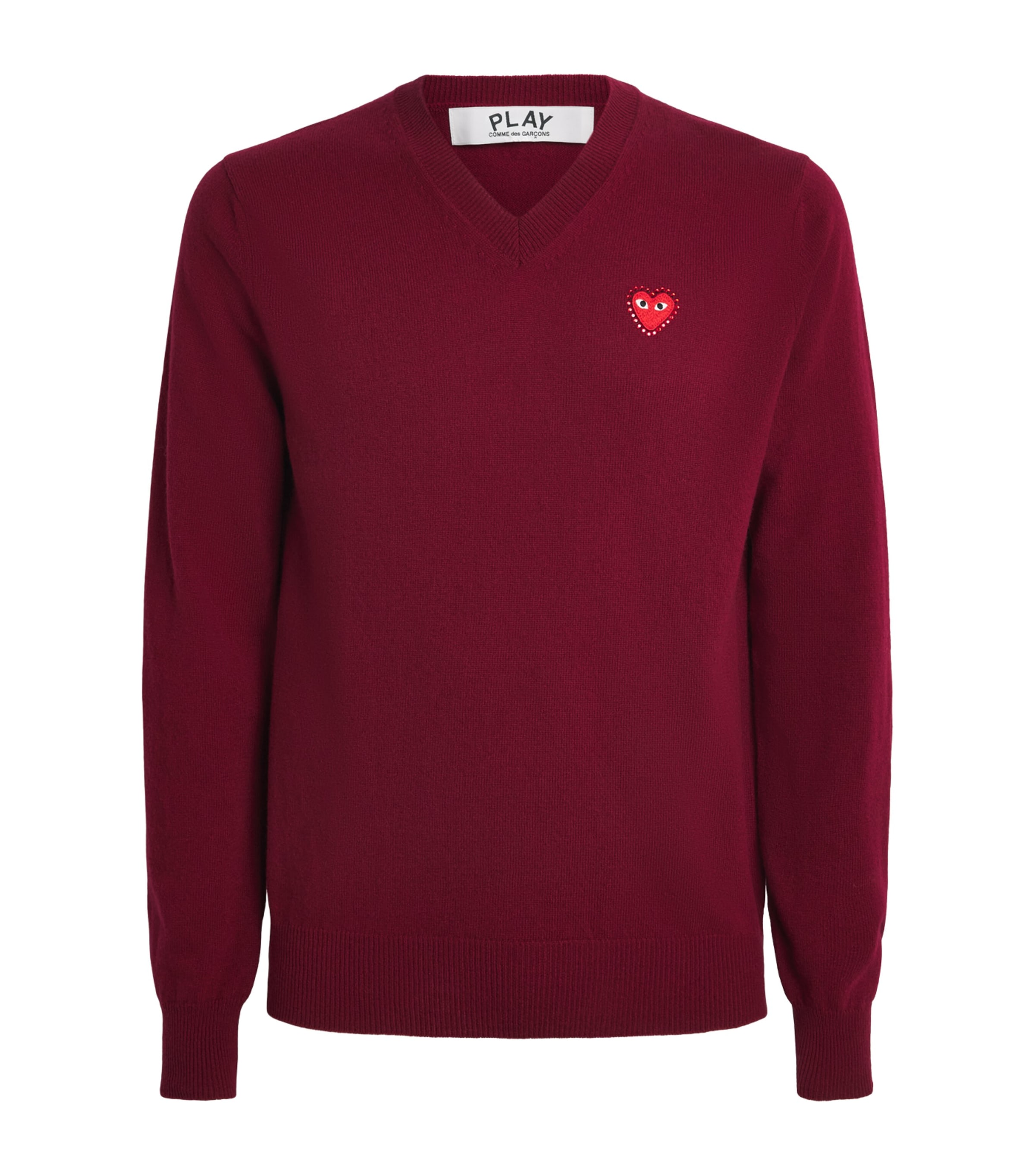 Comme Des Garçons Play Mens Wool Rhinestone Heart V-Neck Sweater Burgundy Image 1