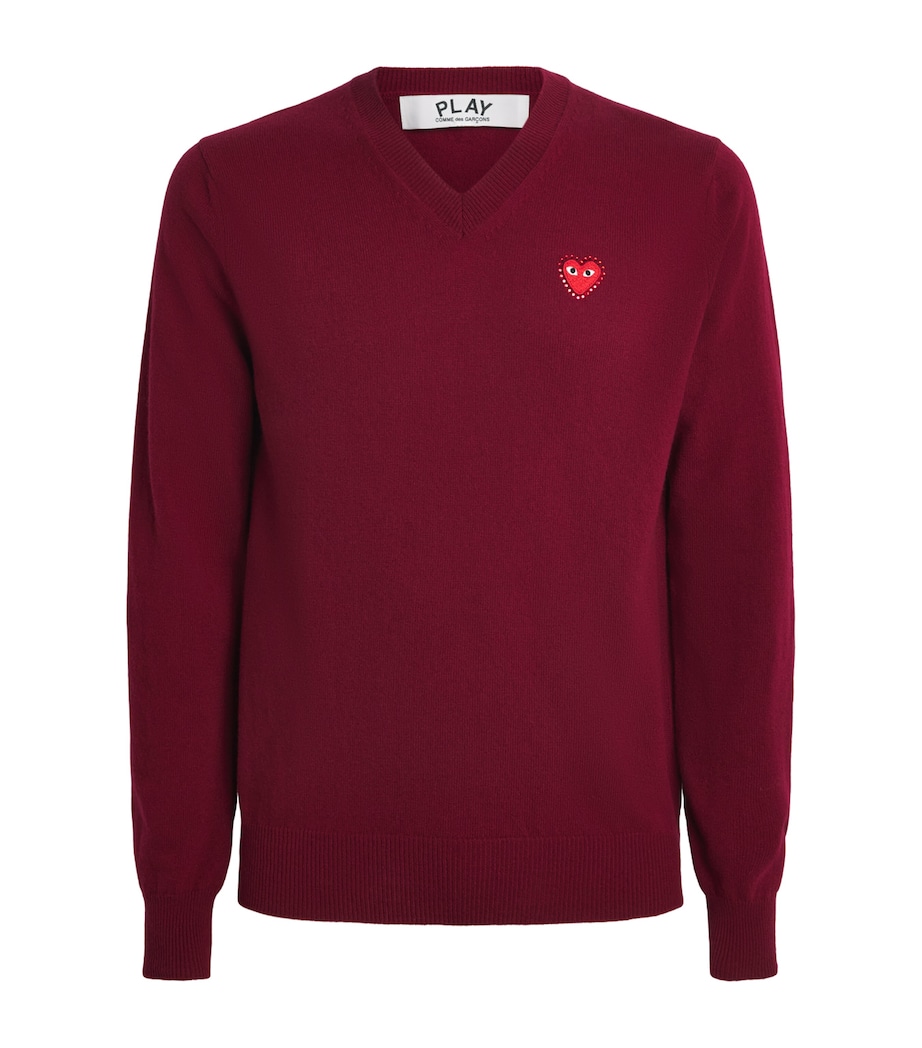 Comme Des Garçons Play Mens Wool Rhinestone Heart V-Neck Sweater Burgundy Image 1