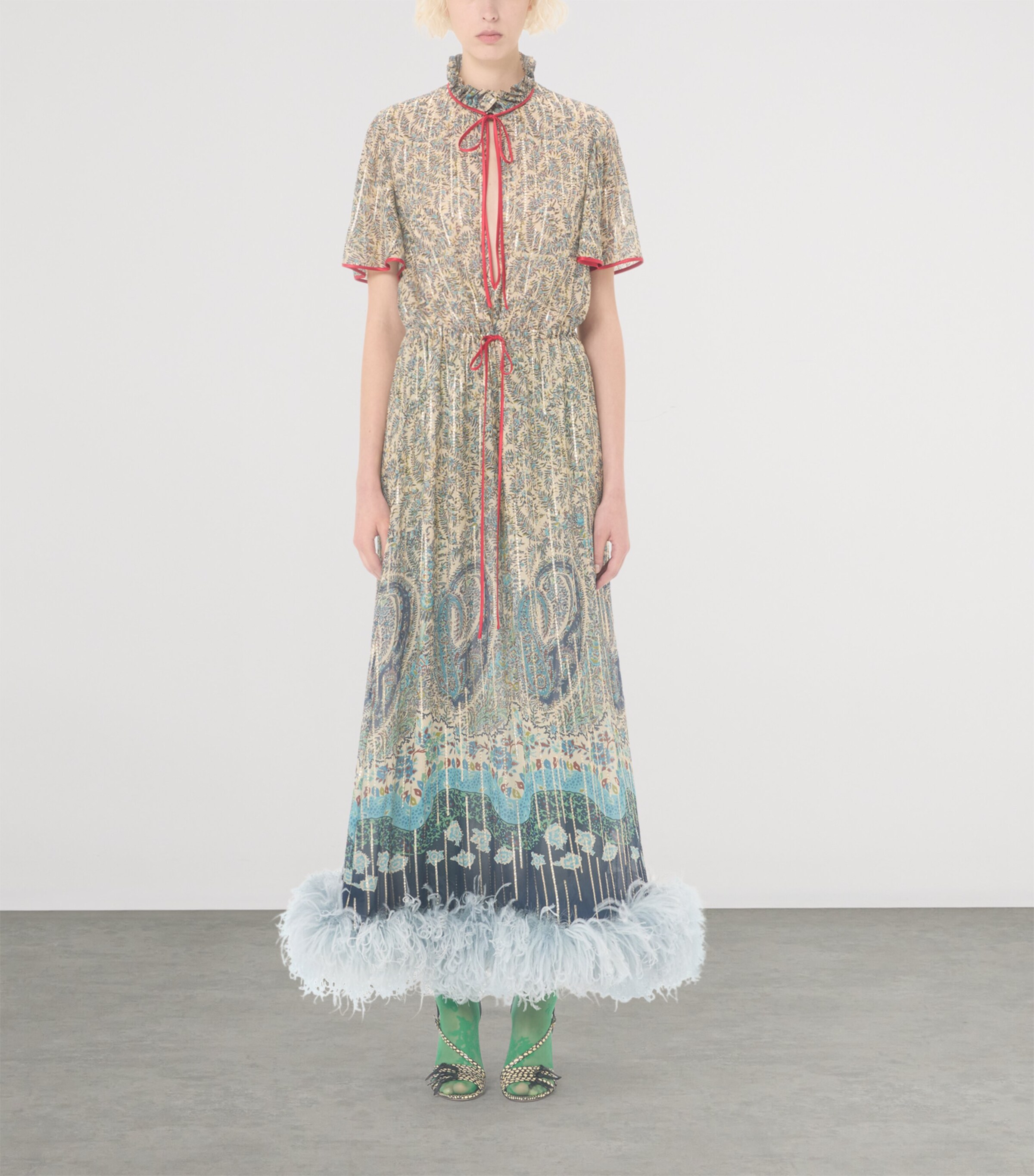 Valentino Womens Silk Feather-Trim Midi Dress Image 2