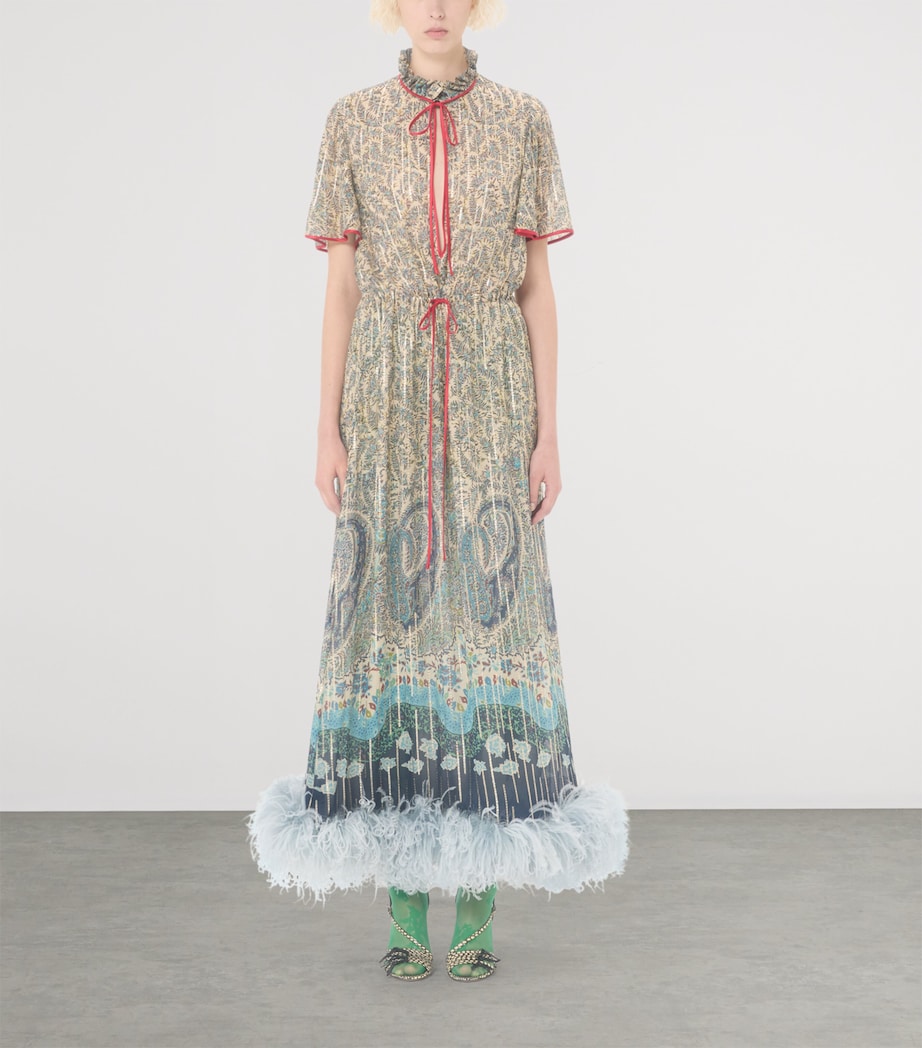 Valentino Womens Silk Feather-Trim Midi Dress Image 2