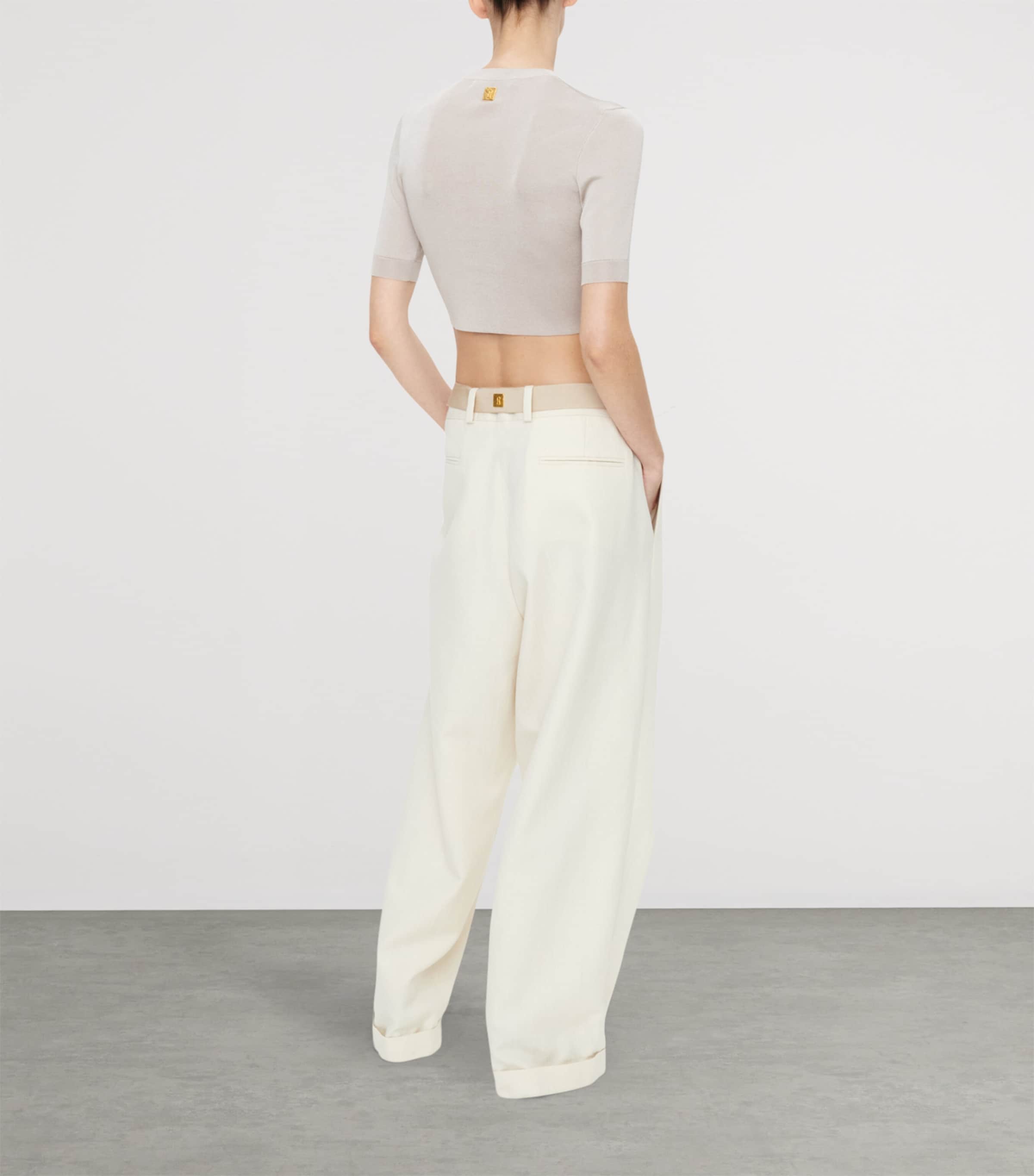 Schiaparelli Womens Knitted Keyhole Cropped T-Shirt Khaki Image 3