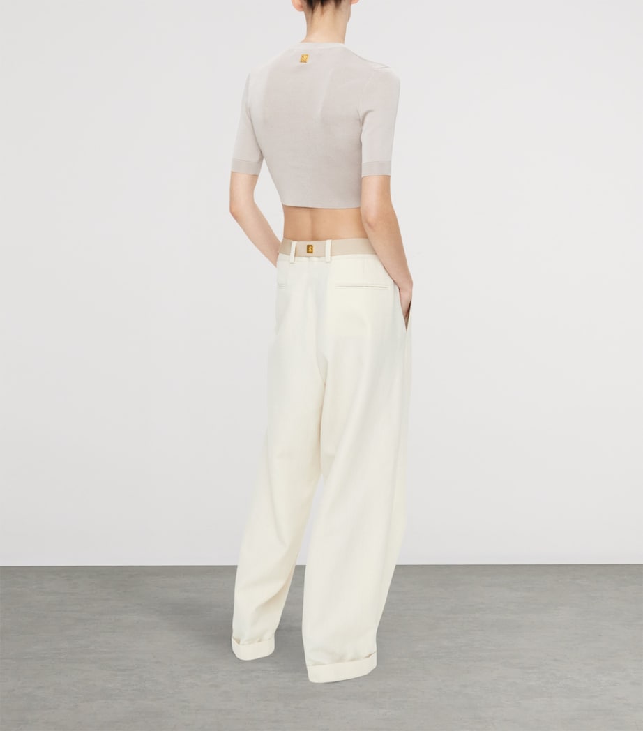 Schiaparelli Womens Knitted Keyhole Cropped T-Shirt Khaki Image 3