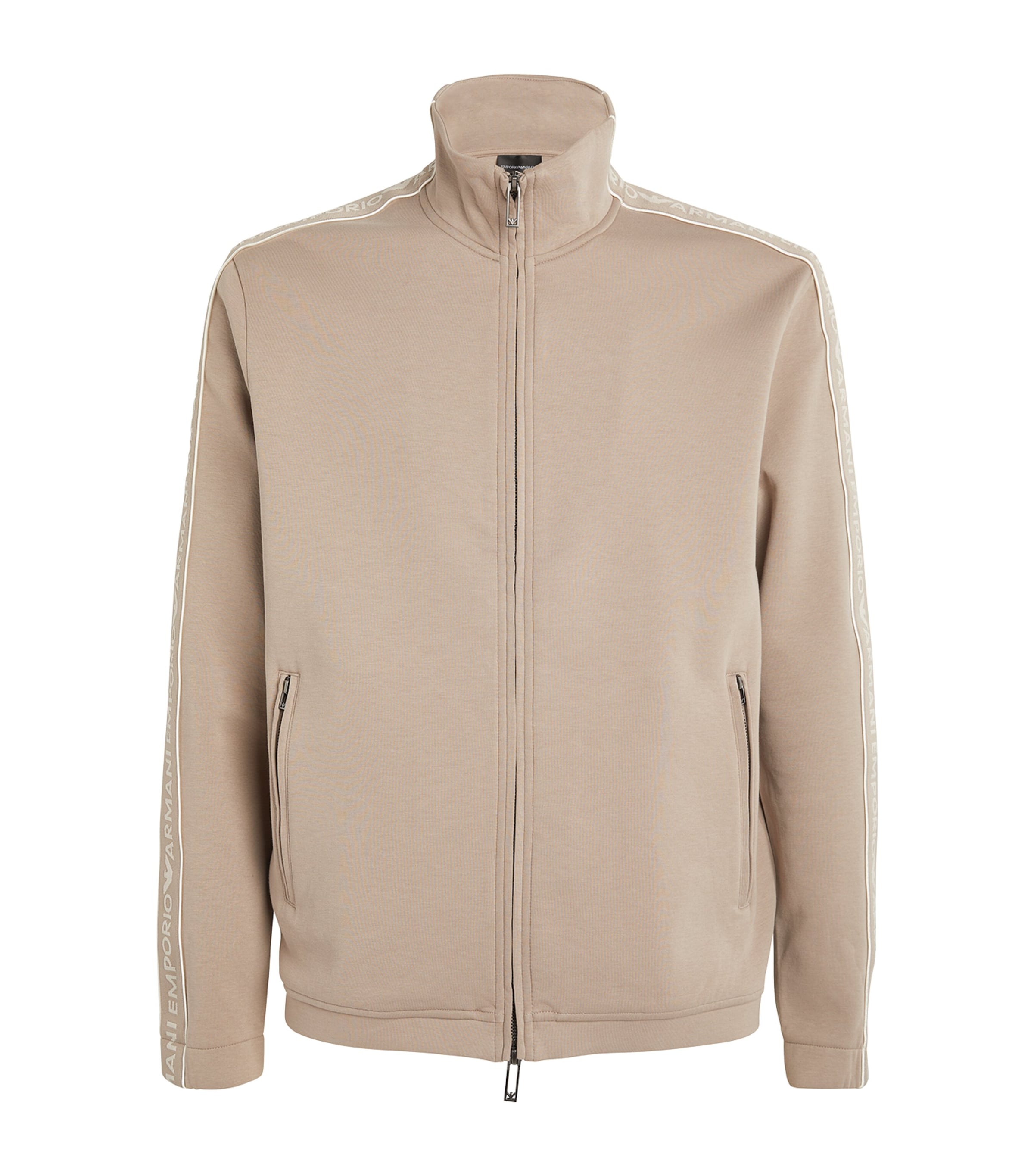 Emporio Armani Tan Logo Embroidered Zip-up Sweatshirt For Men In Ss24 Collection