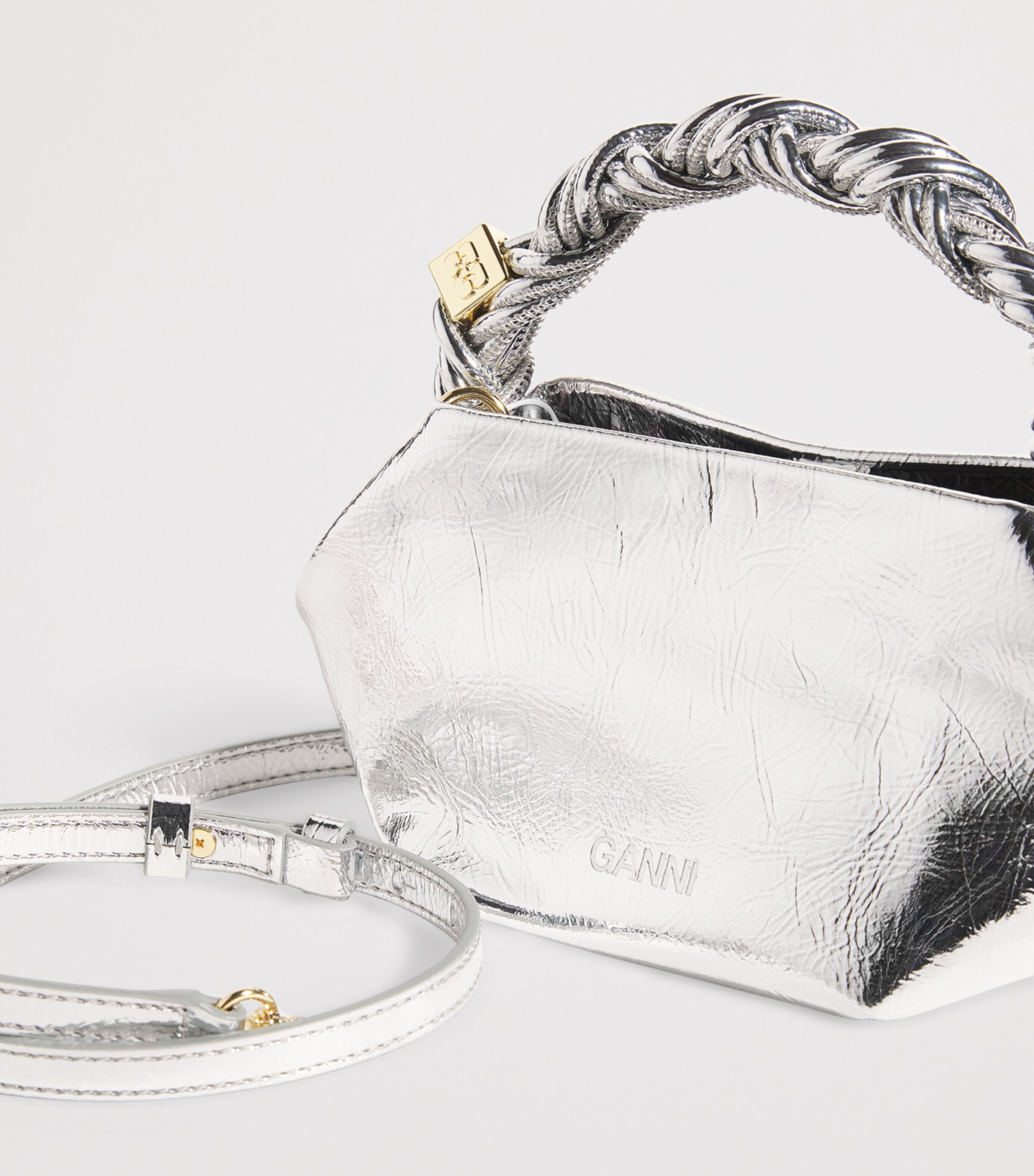 GANNI Silver Mini Metallic Bou Top-Handle Bag | Harrods US