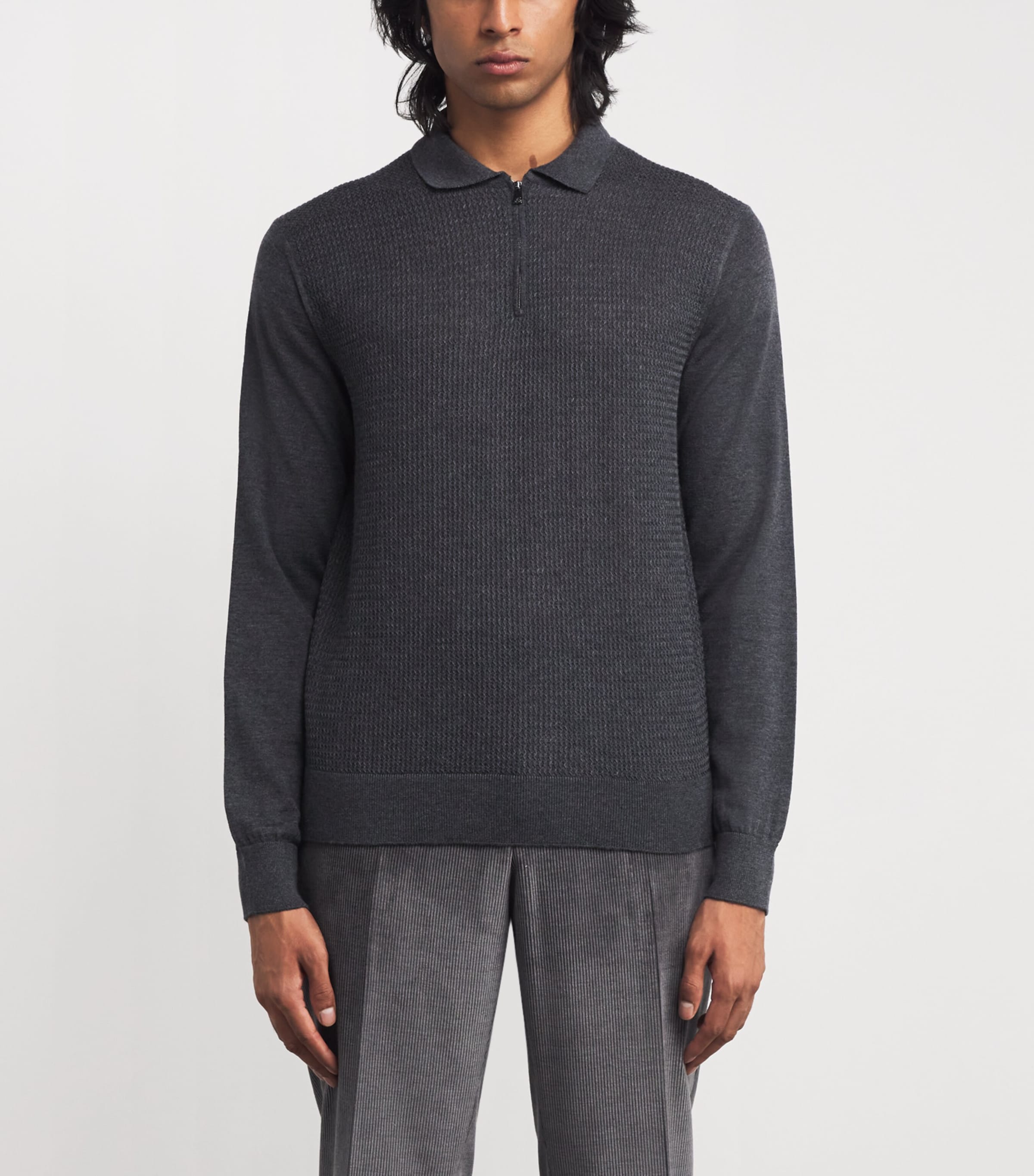 Virgin Wool Quarter-Zip Polo Sweater 14 GREY MELANGE Image 3