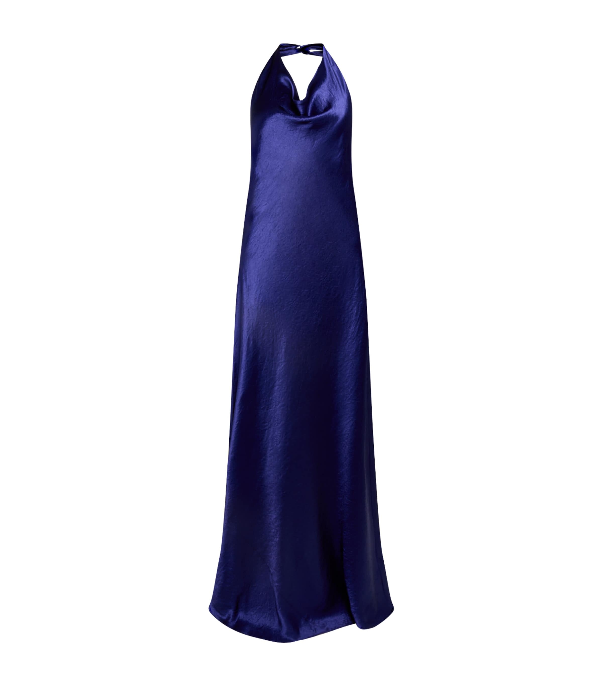 Vince Cowl Neck Satin Halter Dress In Blue