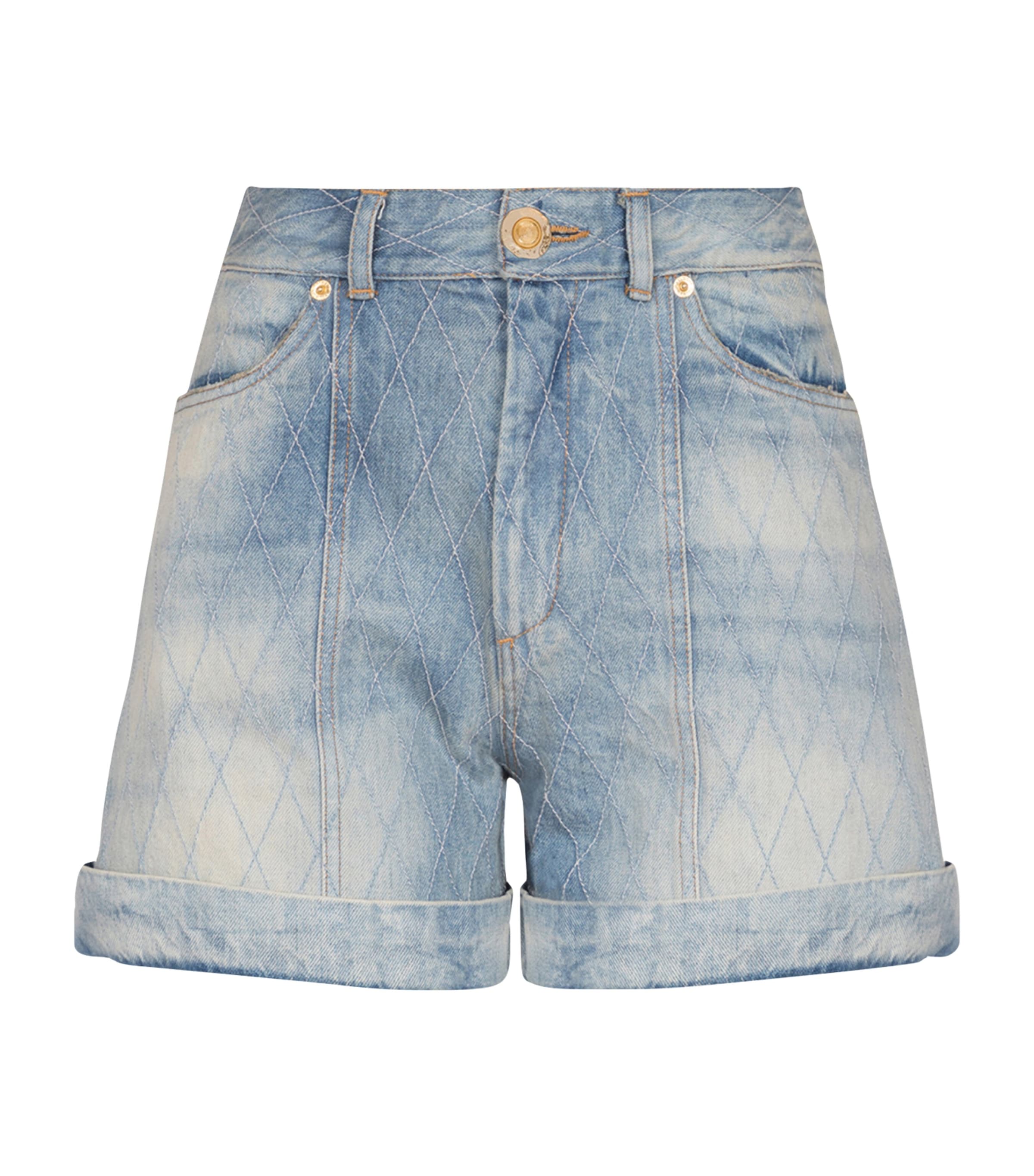 Balmain Rolled Hem Denim Shorts With Diamond Stitched Pattern