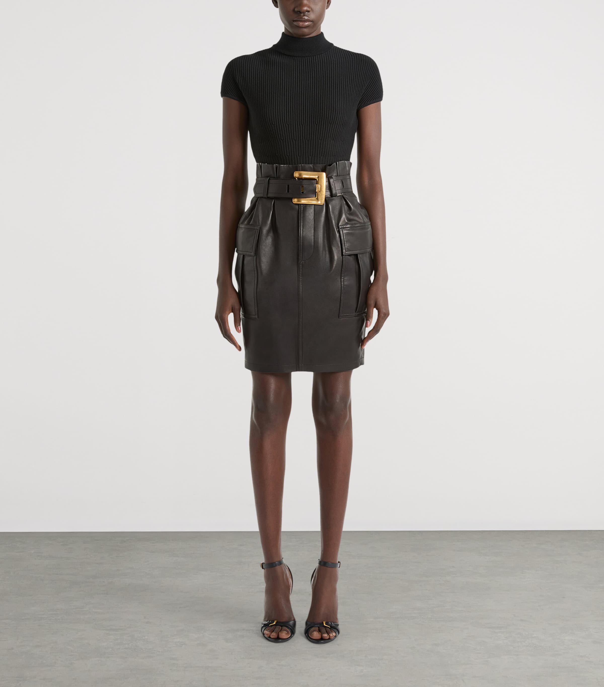 Balmain Womens Lambskin Belted Midi Skirt Noir Image 2