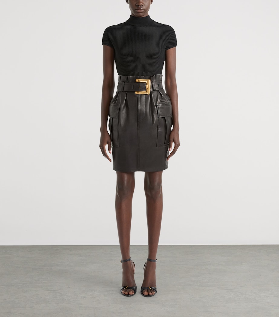Balmain Womens Lambskin Belted Midi Skirt Noir Image 2