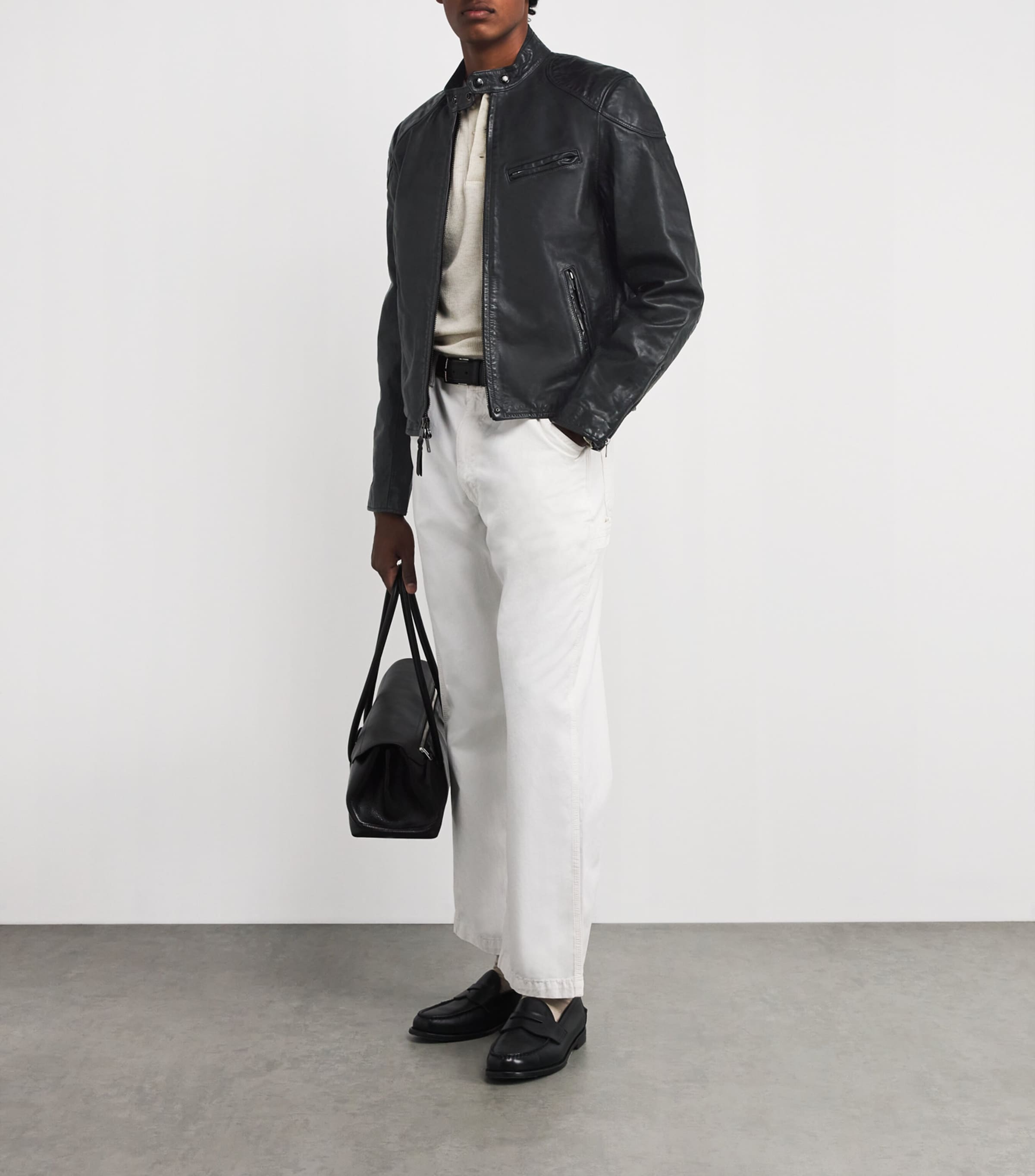 Calf Leather Solid Racing Jacket BLACK Image 2