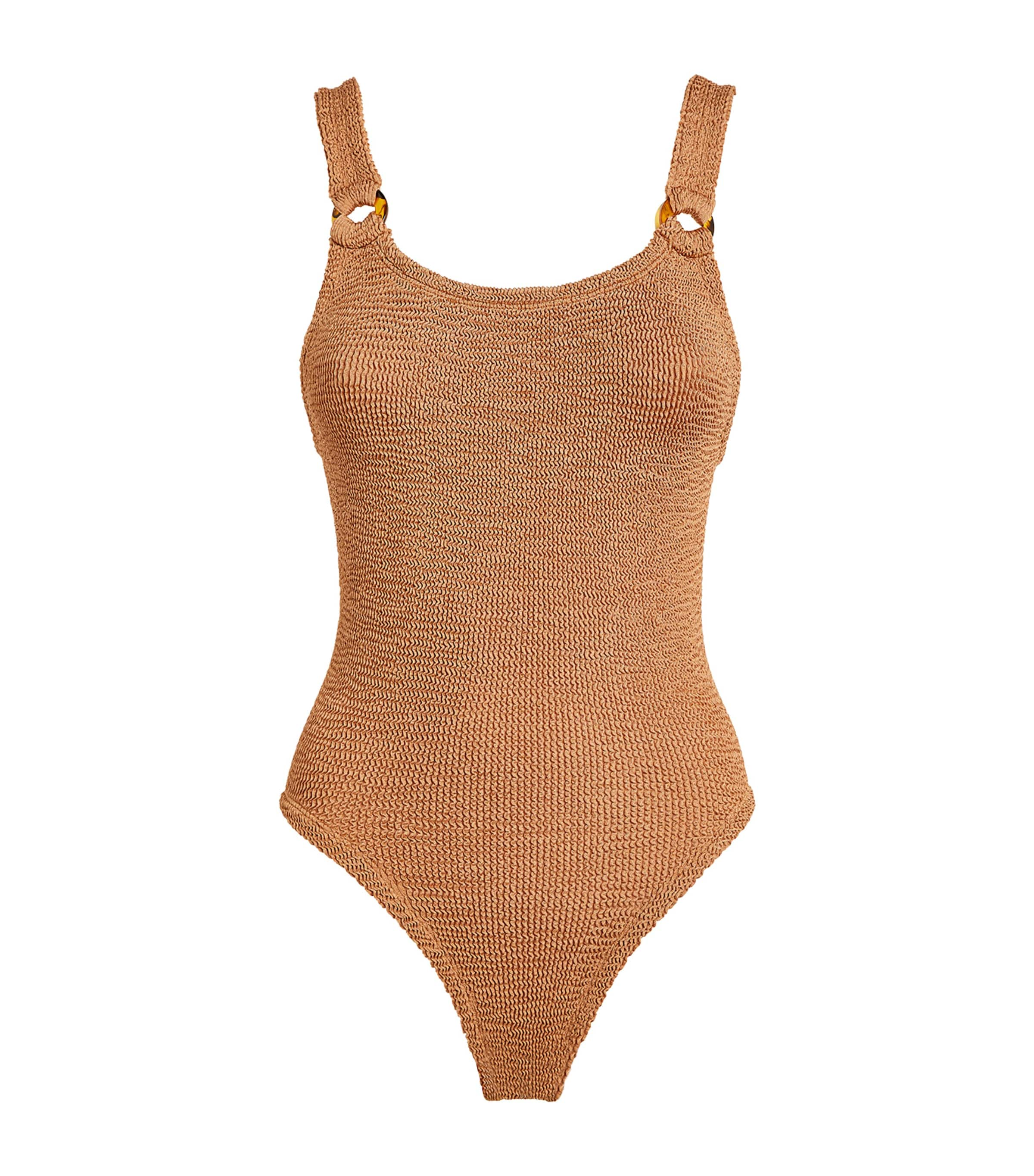 Hunza G Domino Embellished Metallic Seersucker Swimsuit In Brown