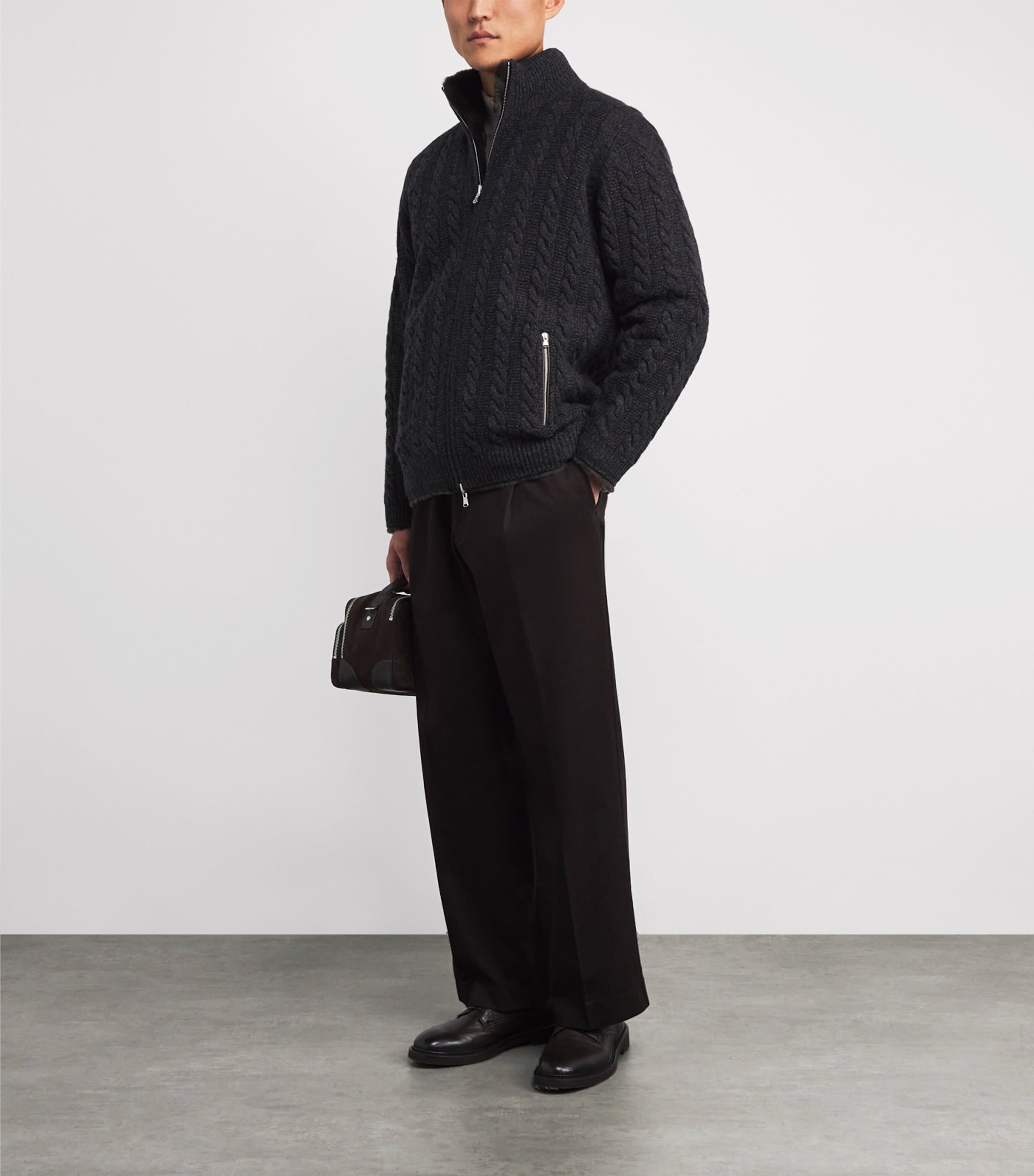 Cashmere Rex Fur-Trim Cable-Knit Aspen Cardigan GRANITE DARK BROWN Image 2