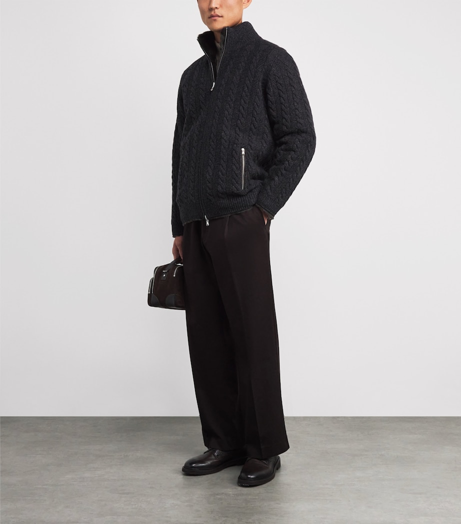 Cashmere Rex Fur-Trim Cable-Knit Aspen Cardigan GRANITE DARK BROWN Image 2