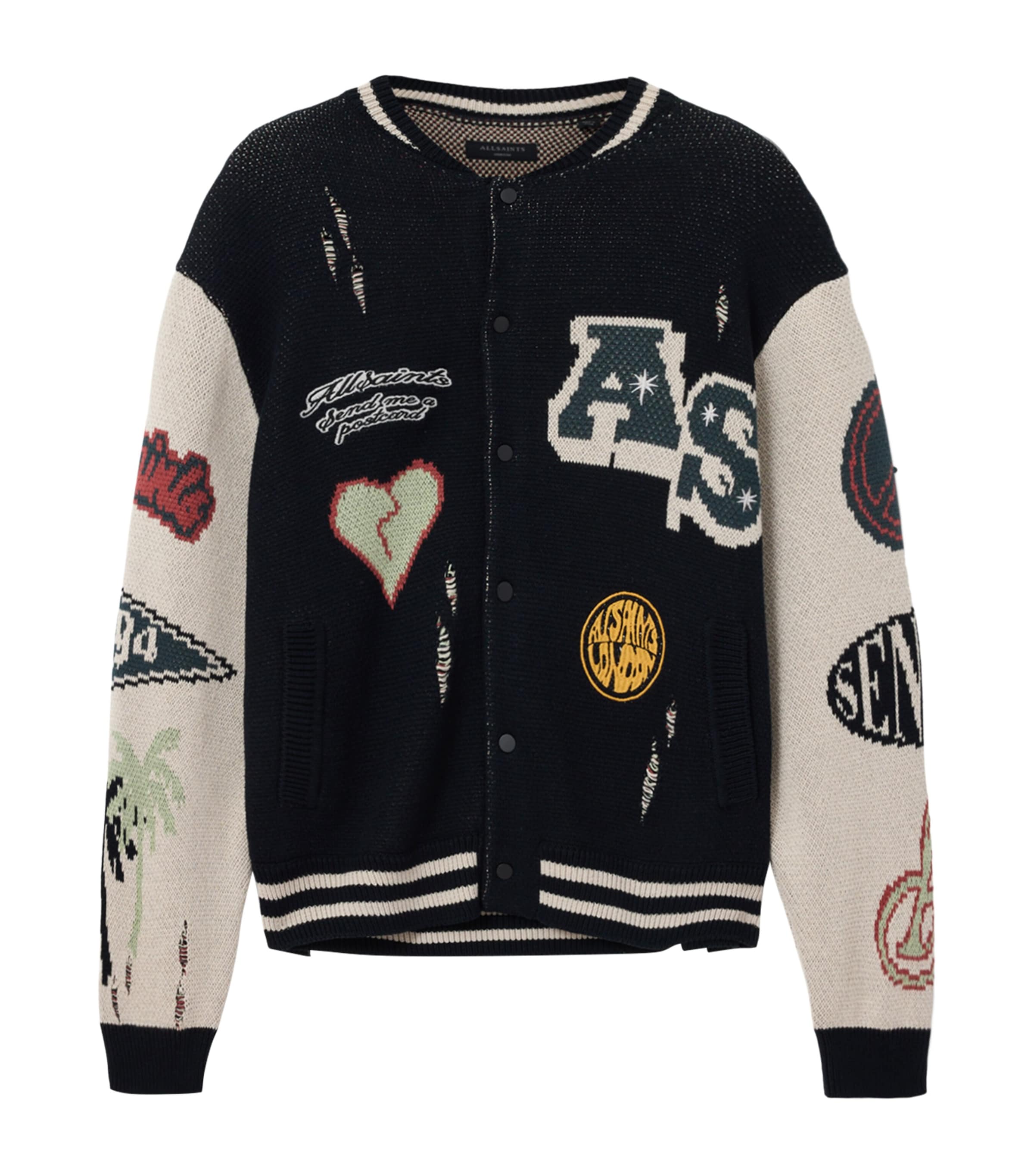 AllSaints Mens Organic Cotton Chase Cardigan Black/ecru White Image 1