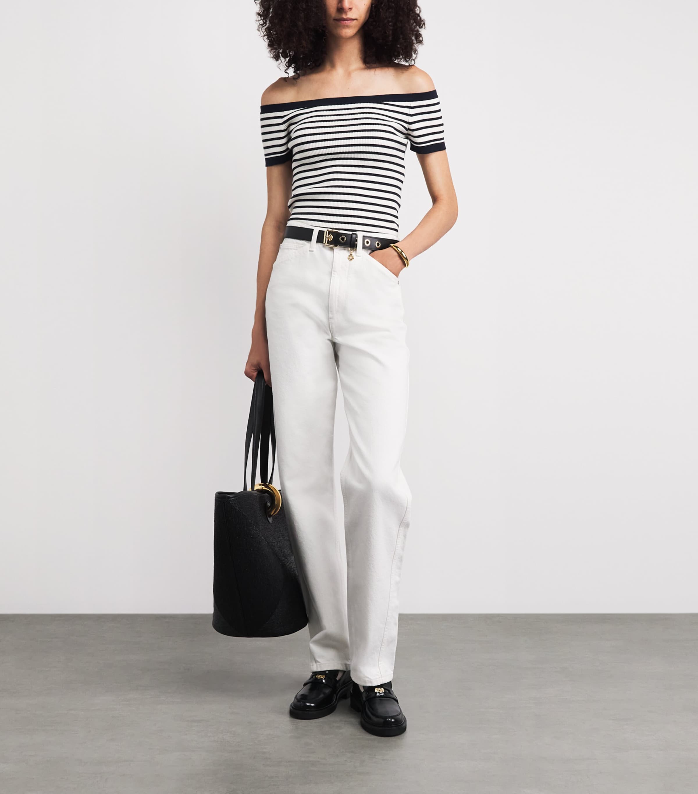 Maje Womens Knitted Off-The-Shoulder Top Navy / Ecru Image 2