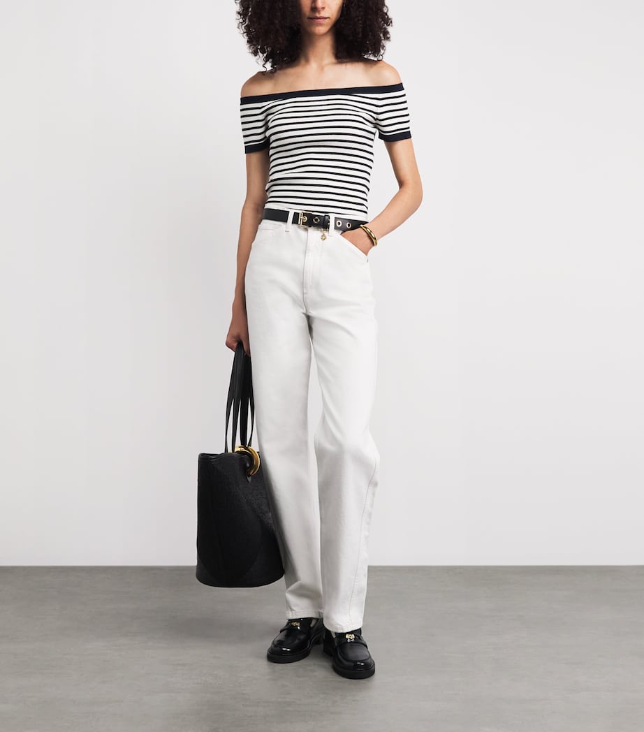 Maje Womens Knitted Off-The-Shoulder Top Navy / Ecru Image 2