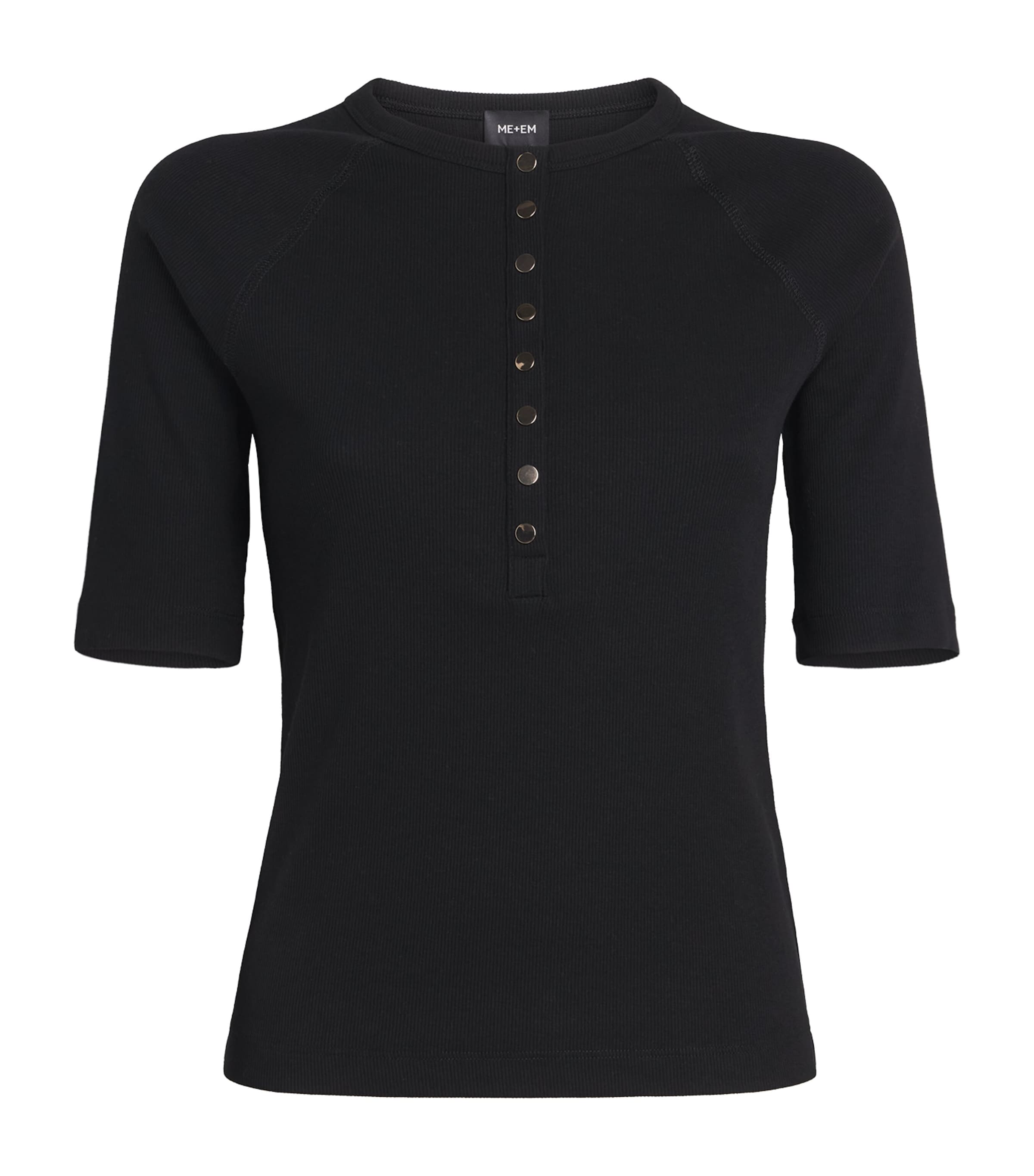 ME+EM Womens Stretch-Organic Cotton Slim Henley Top Black Image 1
