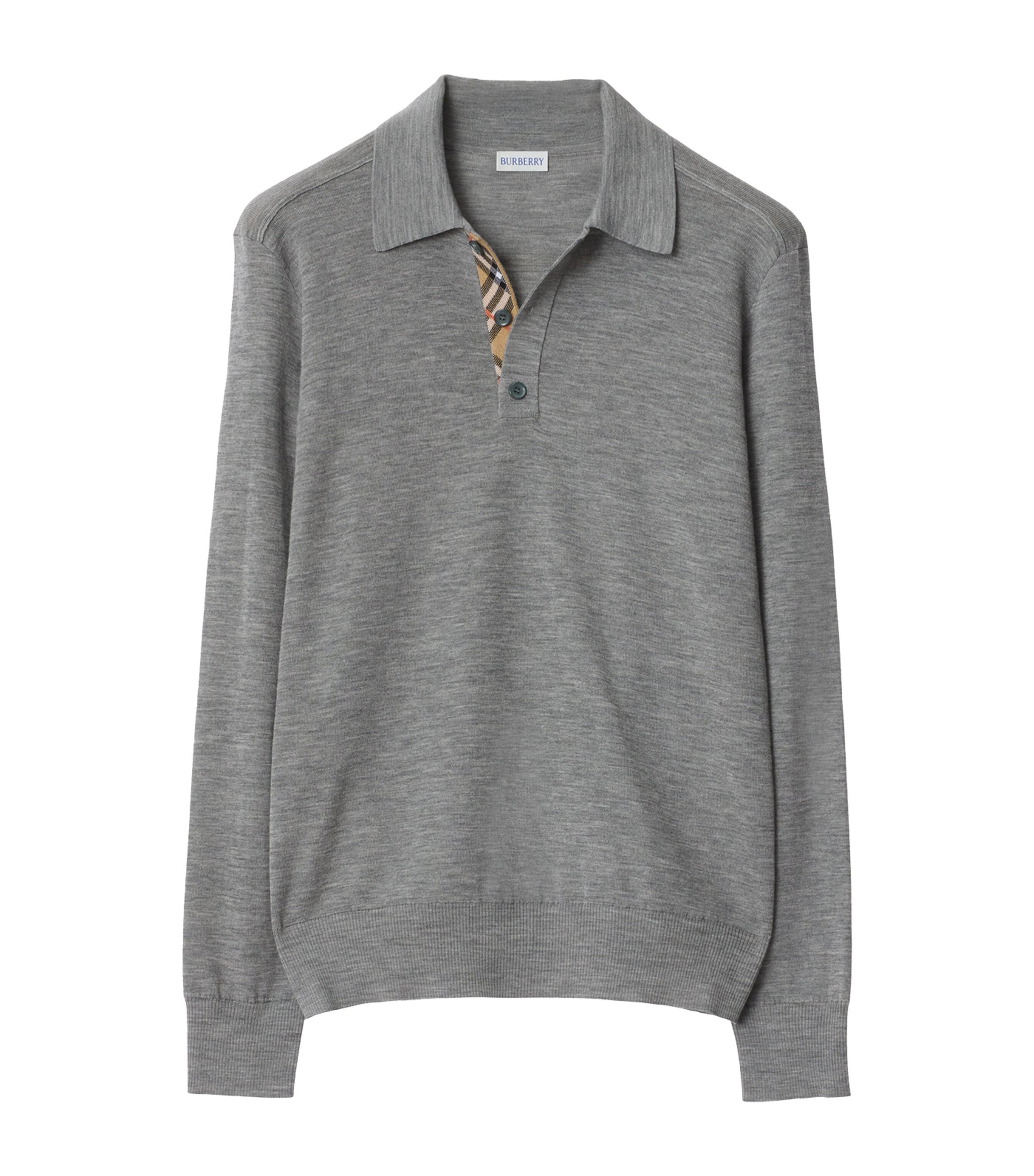 Wool Check-Detail Long-Sleeve Polo Shirt GREY Image 1