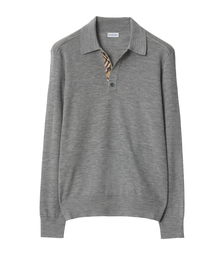 Wool Check-Detail Long-Sleeve Polo Shirt GREY Image 1