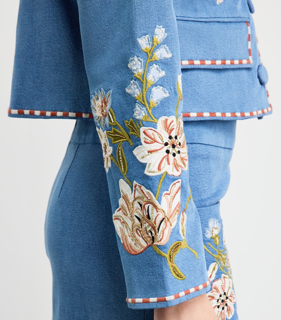 Veronica Beard Womens Embroidered Tailored Denim Jacket Sea Glare Image 3