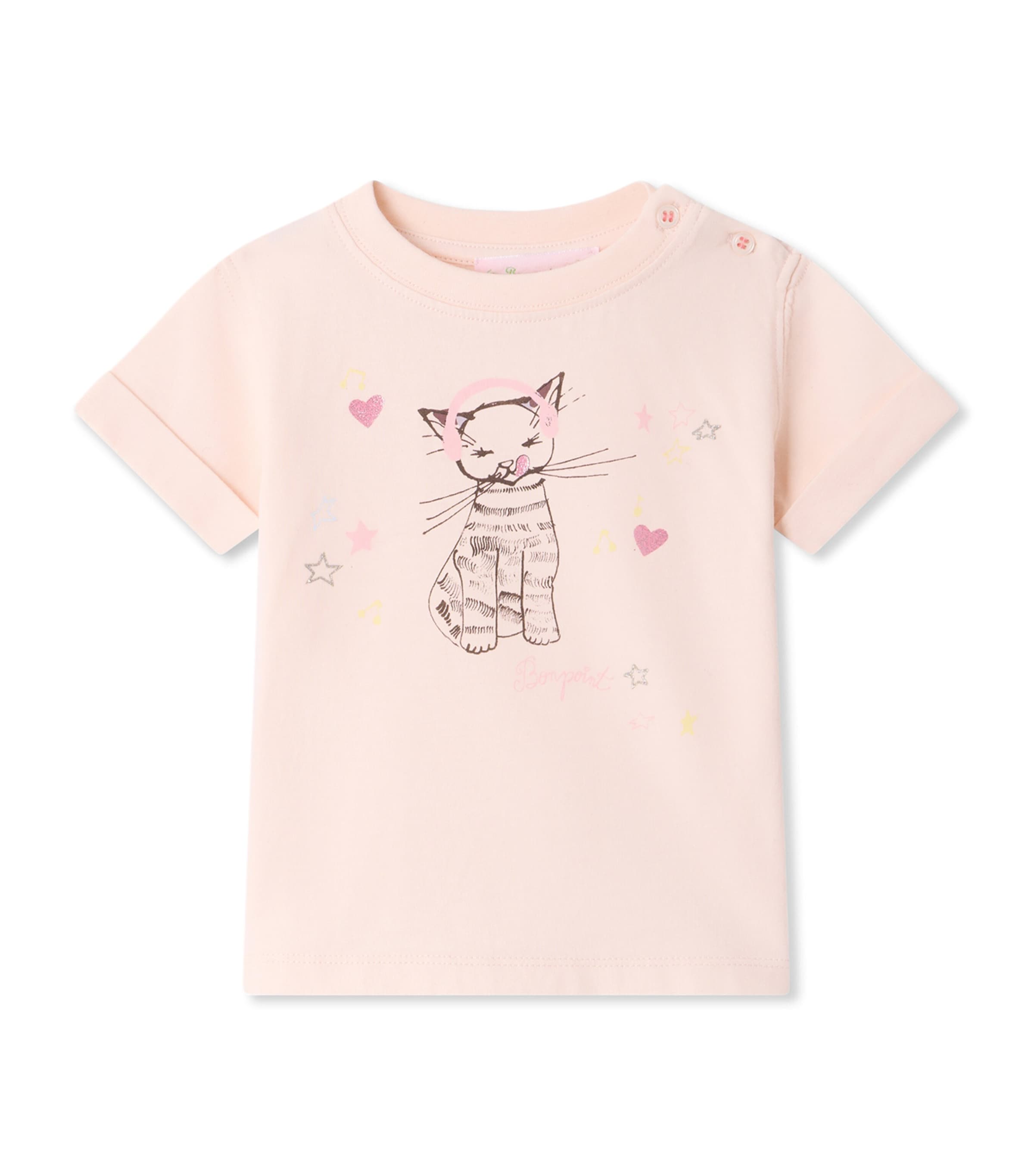 Bonpoint Cat Print T-Shirt (6-18 Months) Rose Chamallow Image 1