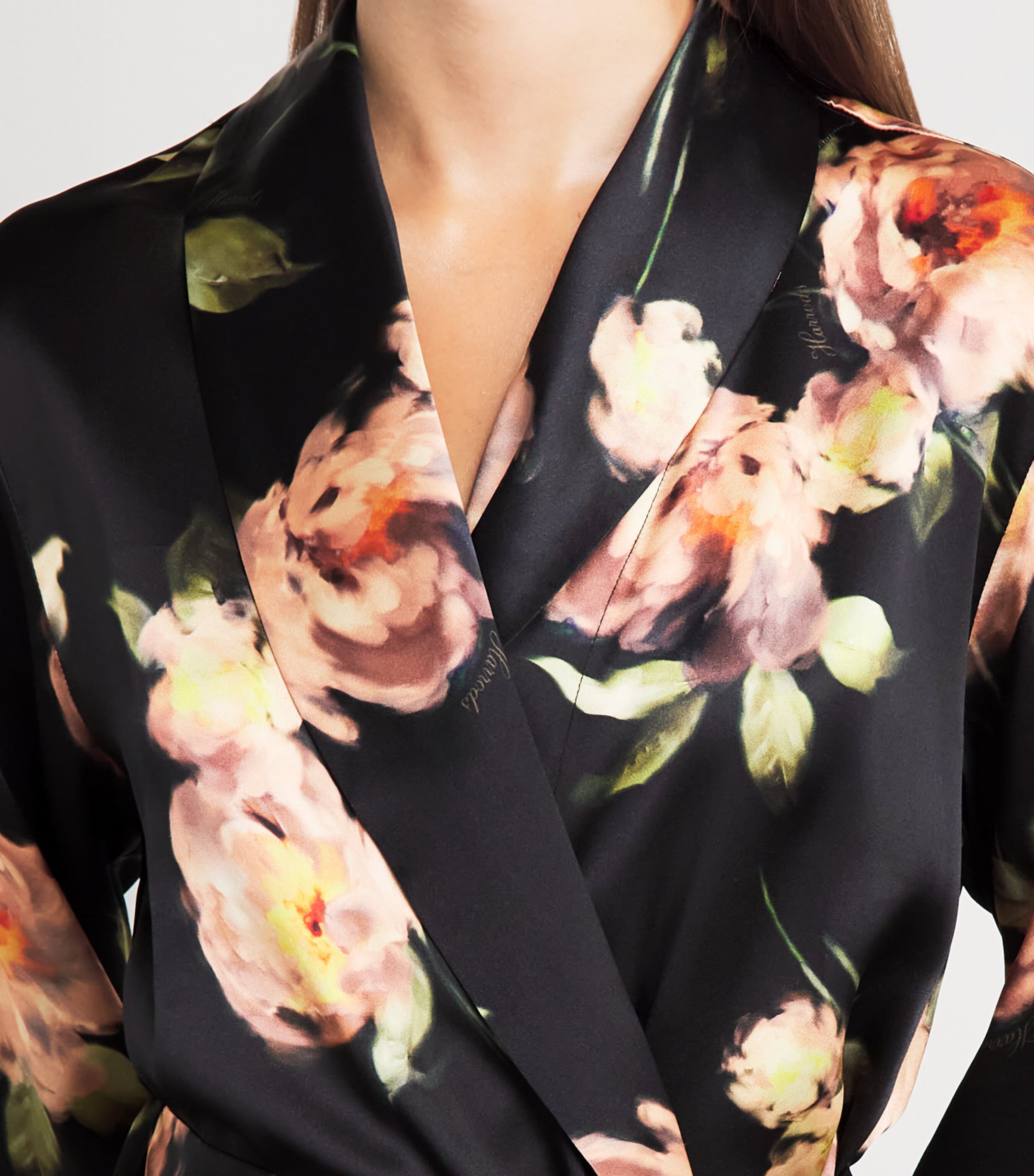 Harrods Womens Silk Midnight Rose Night Robe Black Image 5