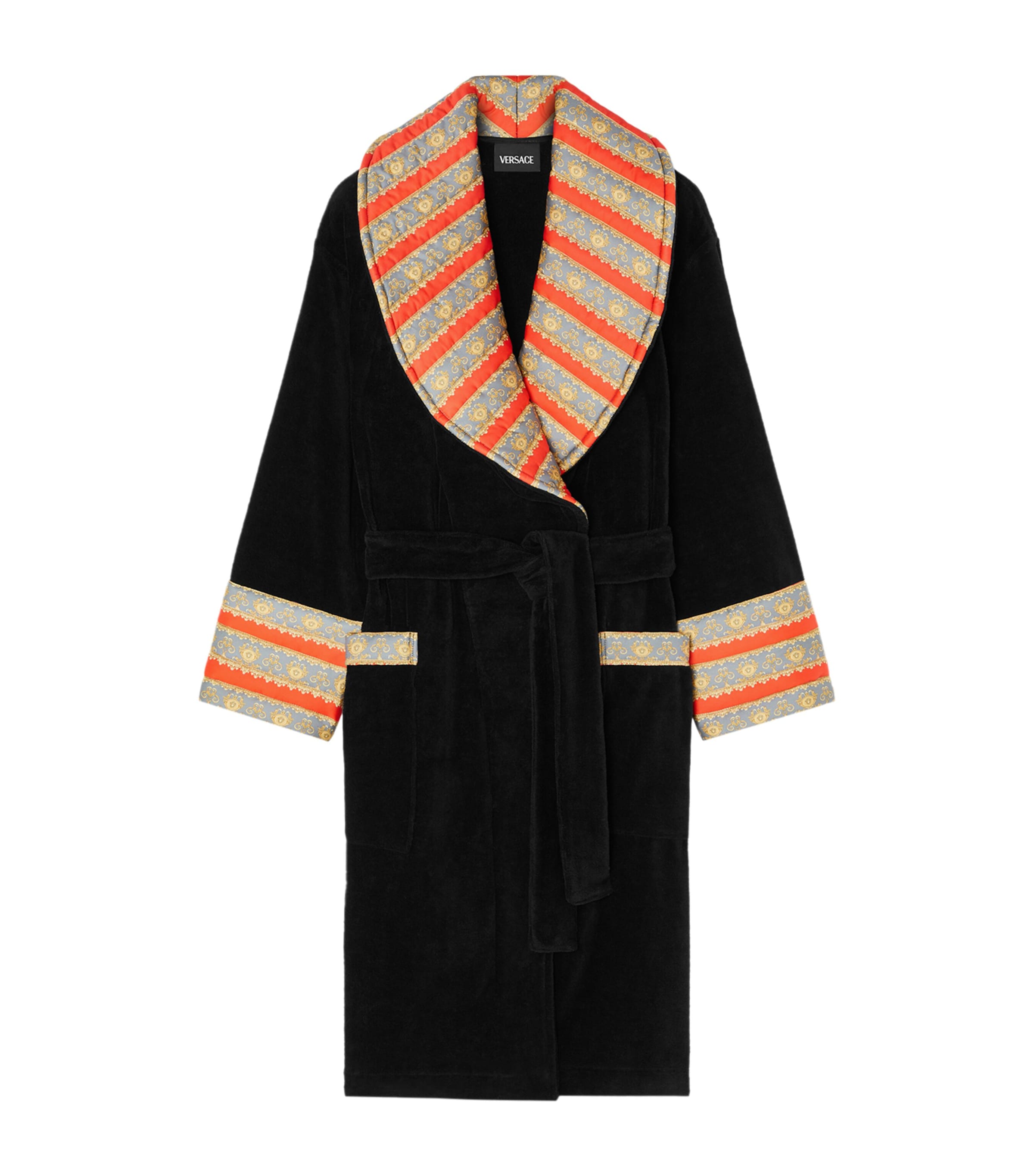 Versace Satin-trim Terry Dressing Gown In Black