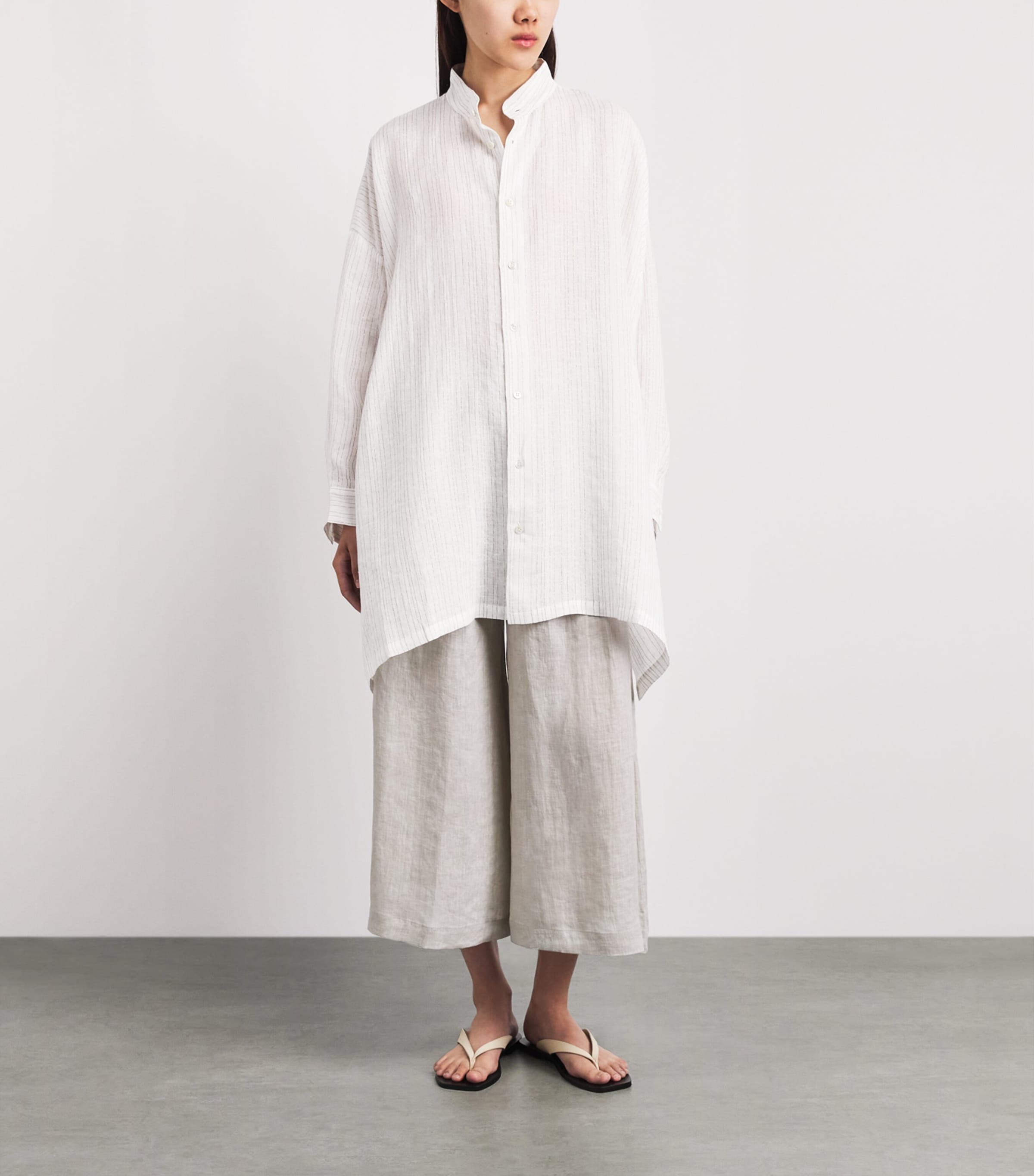 Eskandar Womens Linen-Blend Collarless Stripe Shirt White Image 2