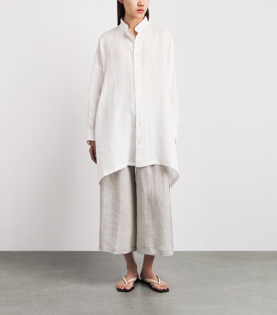 Eskandar Womens Linen-Blend Collarless Stripe Shirt White Image 2