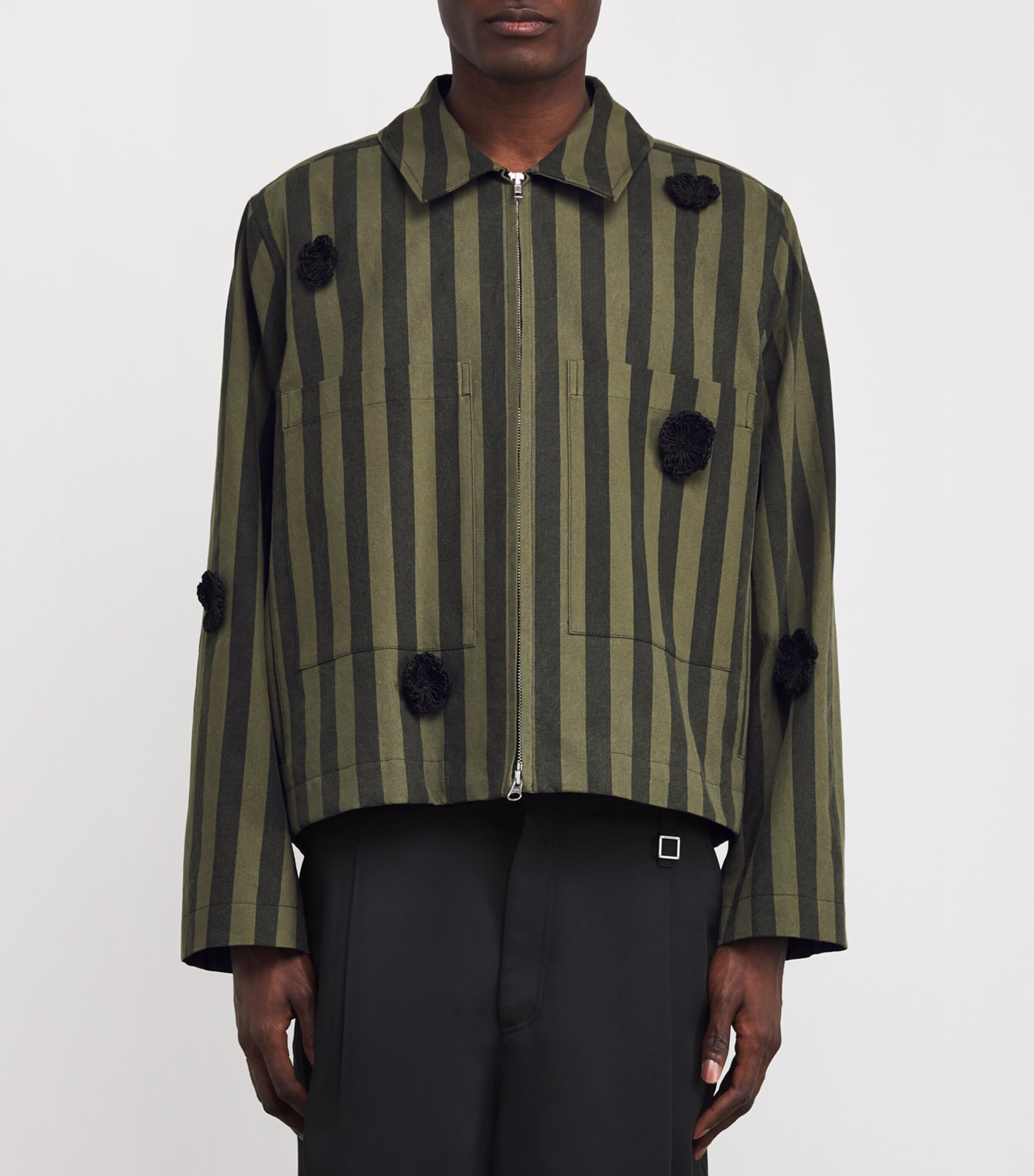 Stripe Daisy-Appliqué Overshirt GREEN / BLACK Image 3