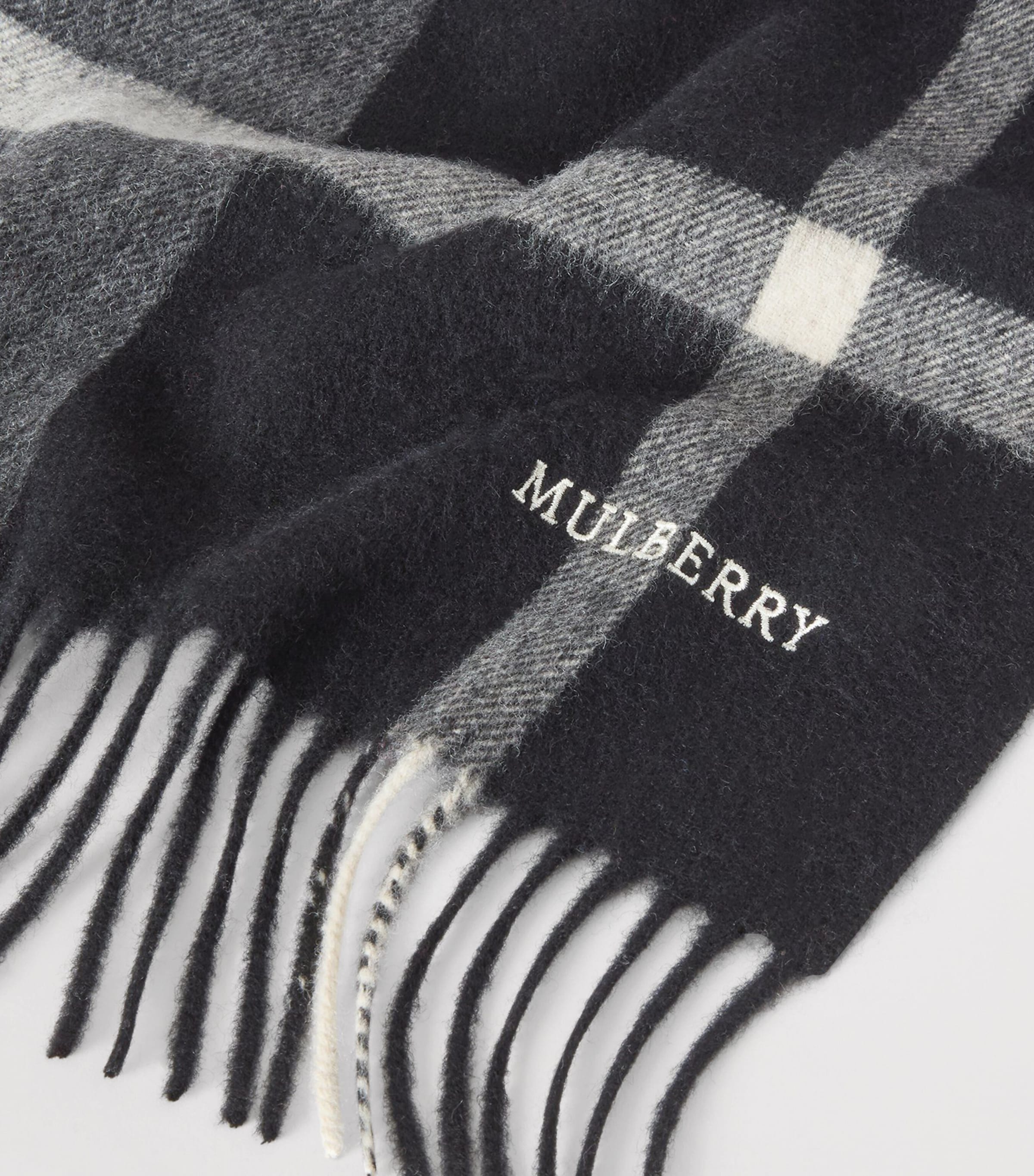 Mulberry Small Merino Wool Check Scarf Black Foggy Grey Image 4