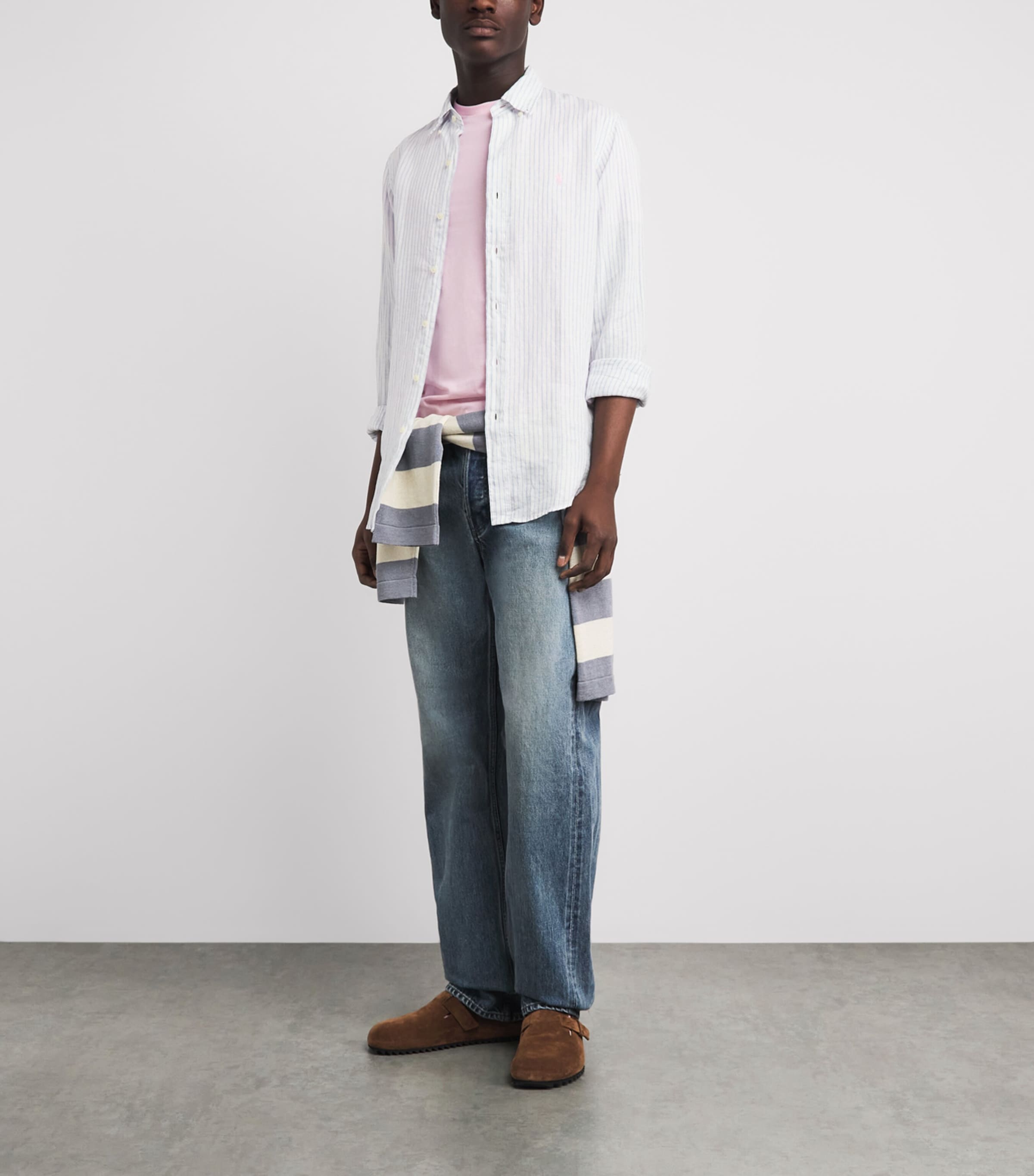 Polo Ralph Lauren Mens Linen Custom-Fit Stripe Shirt White Blue Image 2
