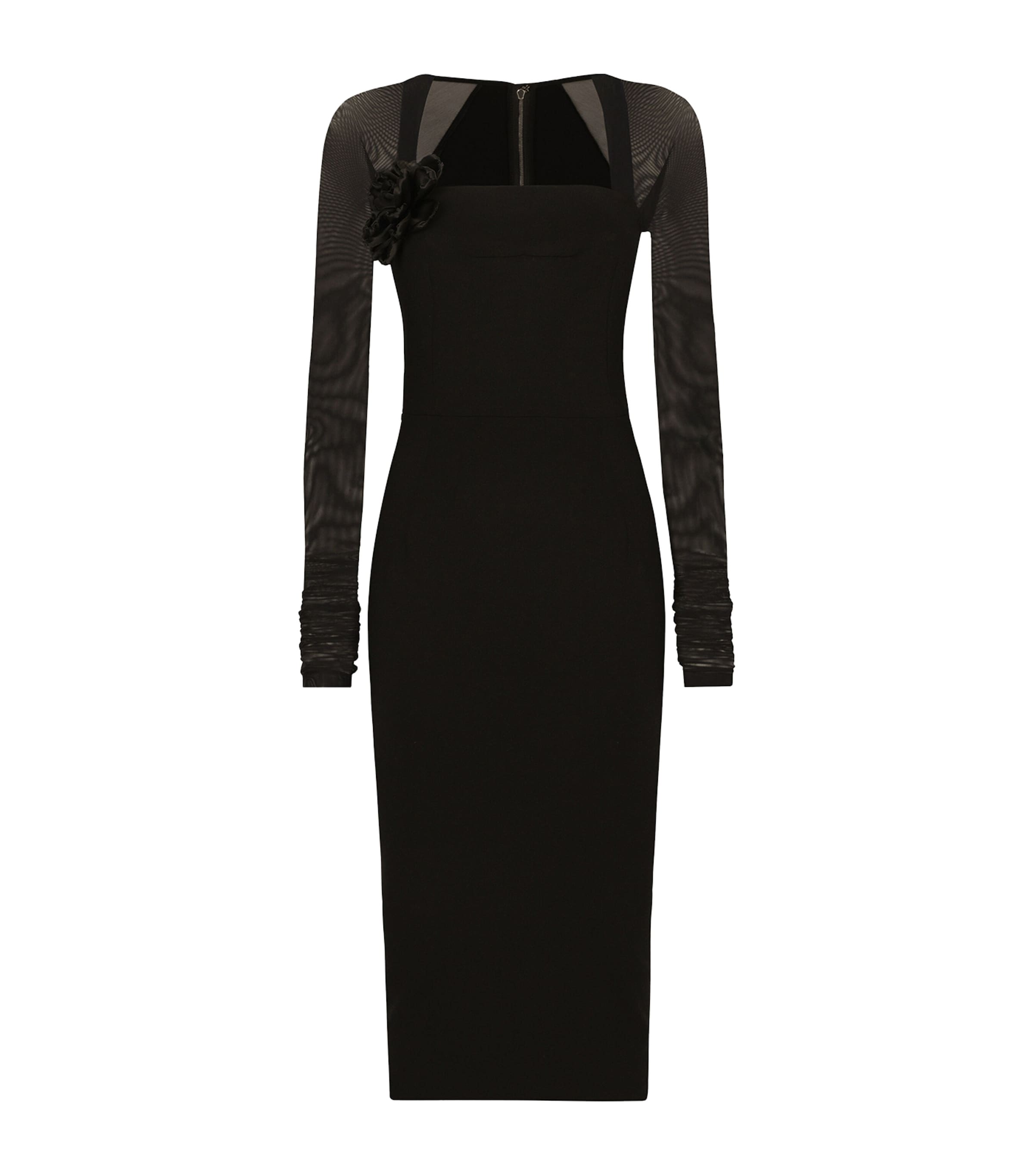 Dolce & Gabbana Jersey Calf-length Dress With Tulle Sleeves In Black
