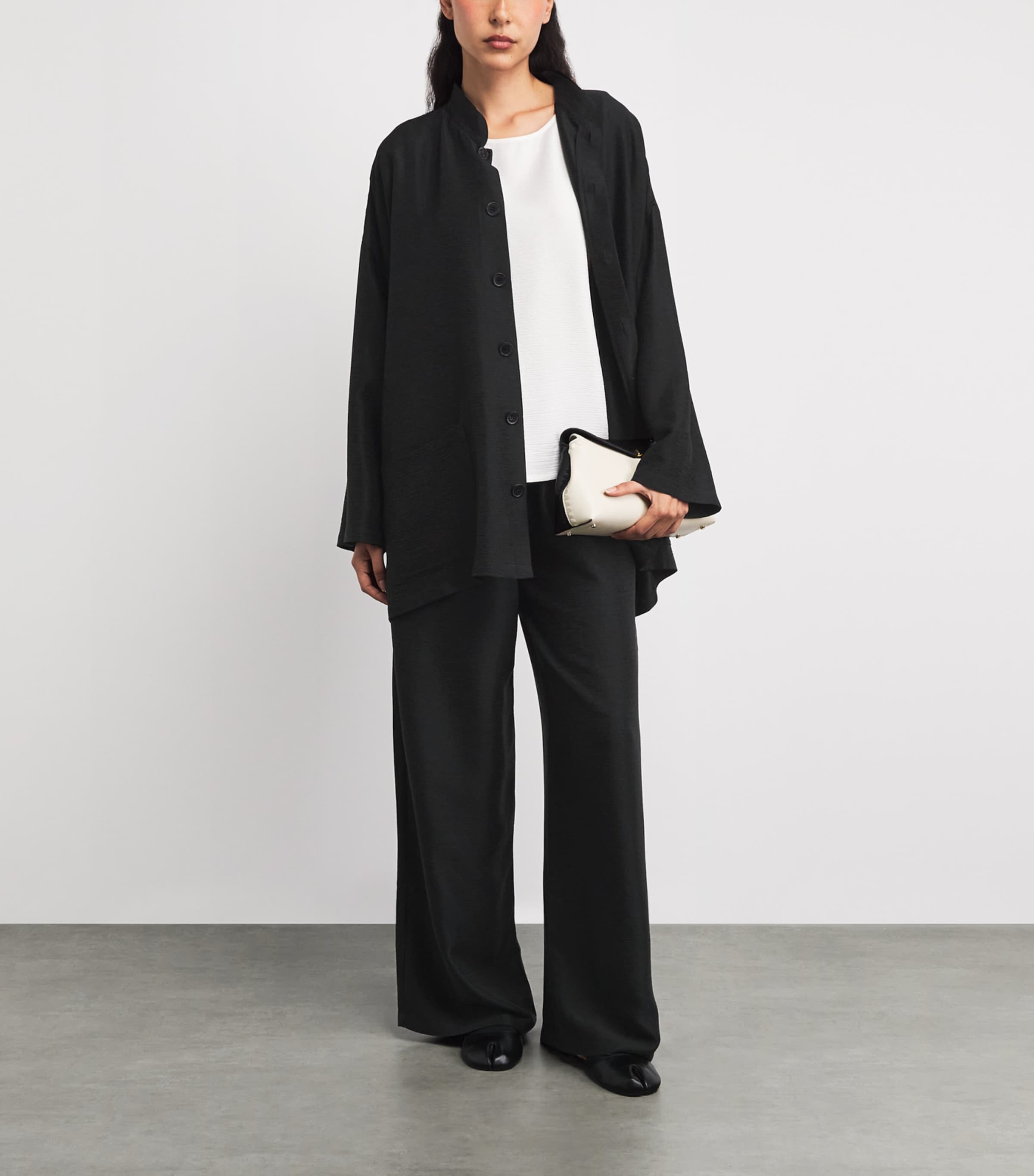 Eskandar Womens Silk Plissé Wide A-Line Jacket Black Image 2
