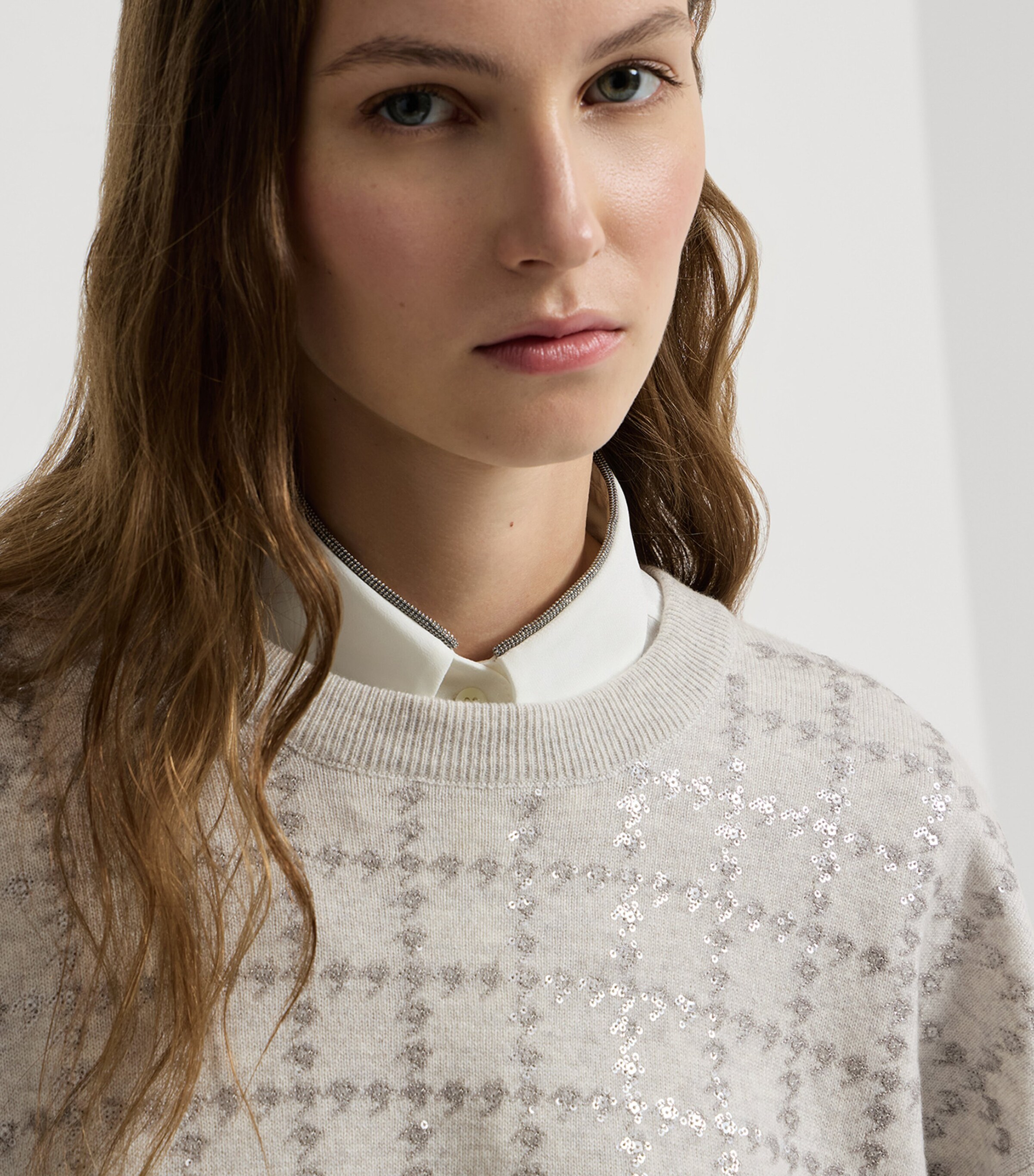 Brunello Cucinelli Womens Cashmere Sequin-Houndstooth Sweater Nebbia Image 6